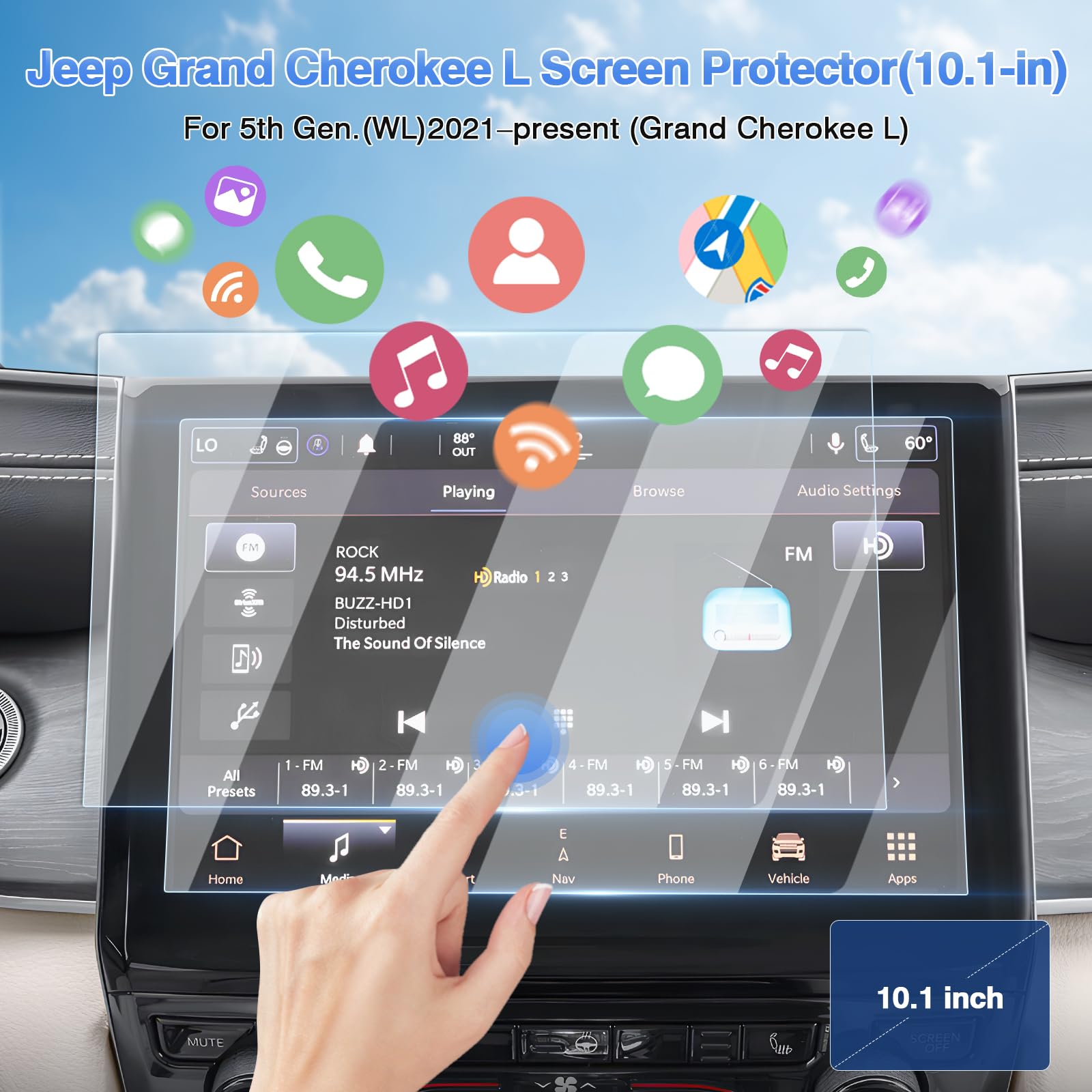 Sunsdrew 2Pcs Screen Protector For 2021 2023 2024 Jeep Grand Cherokee L Accessories 10.1 Inch Grand Cherokee L Touch Screen Radio Display Protector 9H Tempered Glass Protective Film Anti Glare