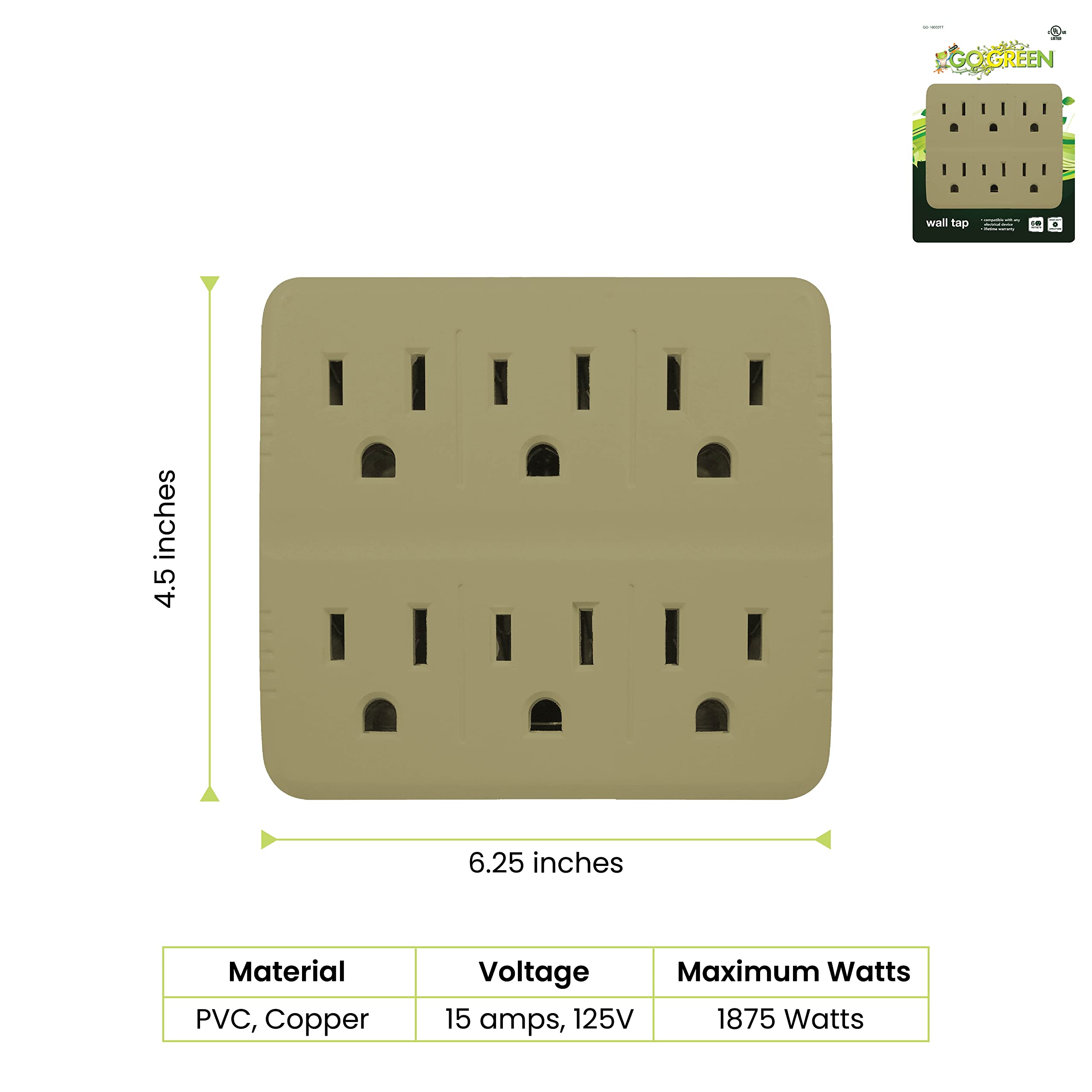 Gogreen Power 6 Outlet Wall Tap 3Pk, Tan   Gg 16000Tt (Gg 16000Tt 3)