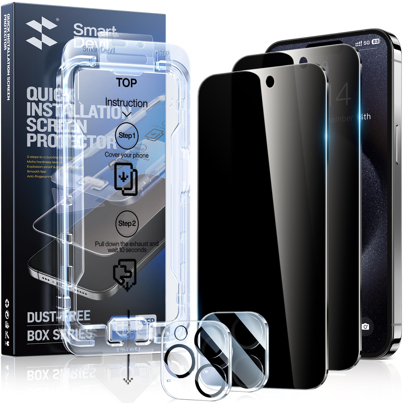 Smartdevil 2Pack Privacy Screen Protector For Iphone 15 With 2Pack Camera Lens Protector, 9H Anti Spy Privacy Tempered Glass Fil