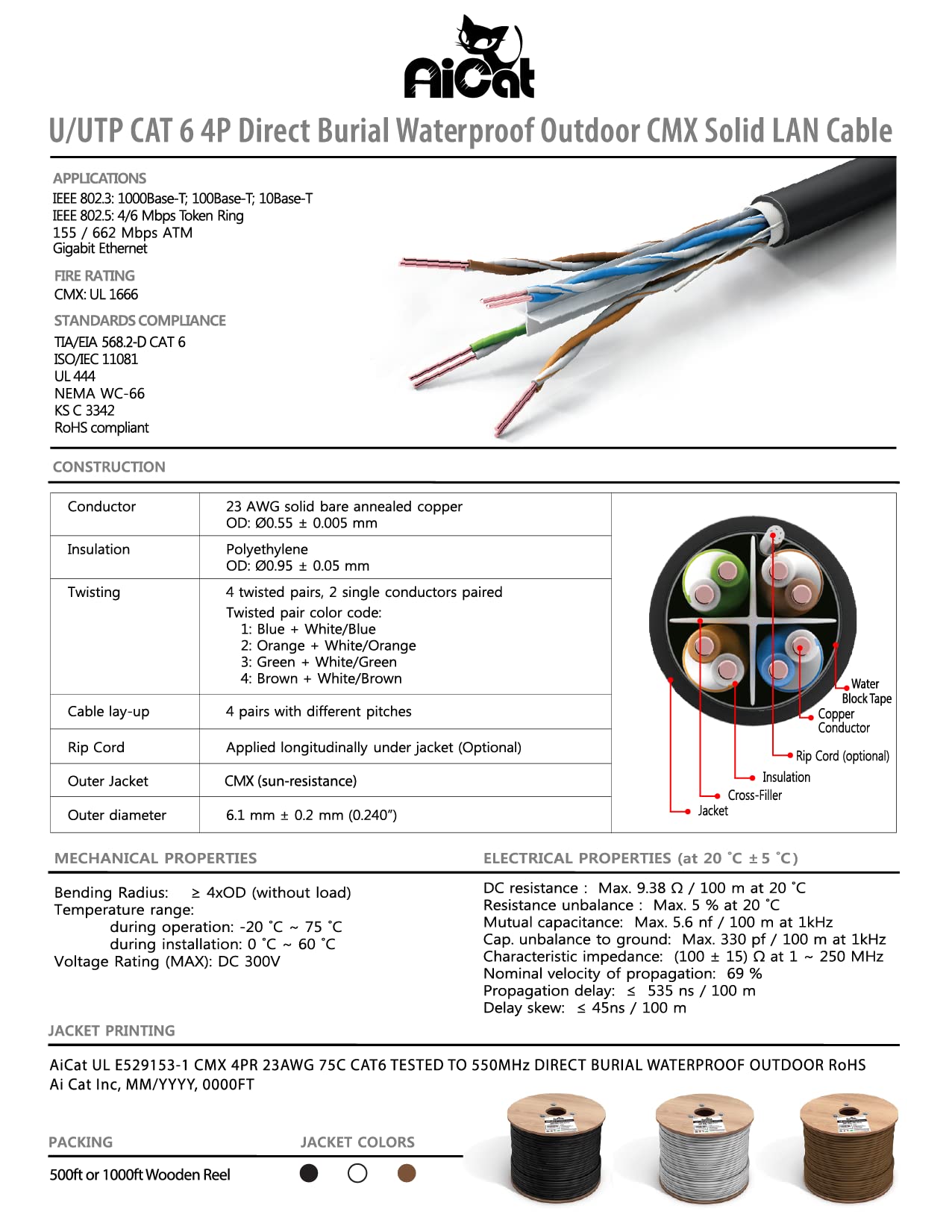 Aicat Cat6 Direct Burial Cable 1000Ft - 23Awg Solid Copper Conductors 550Mhz, Poe++(4Ppoe), Ul Listed, Unshielded Twisted Pair U