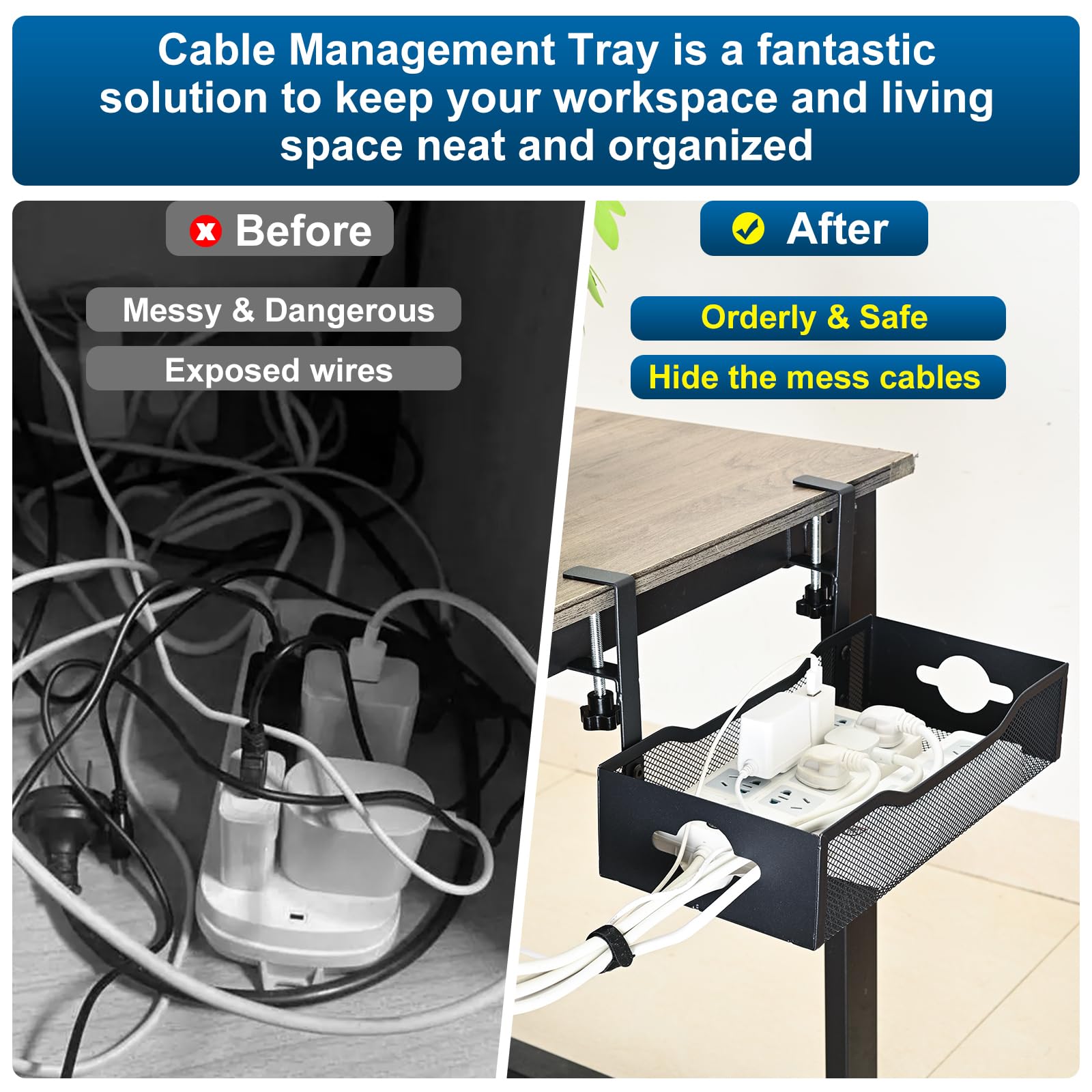 G.Sumiker Large Under Desk Cable Management   13.4 * 7Inch Wide Cable Management Tray For Under Desk,No Need For Drilling,Perfec