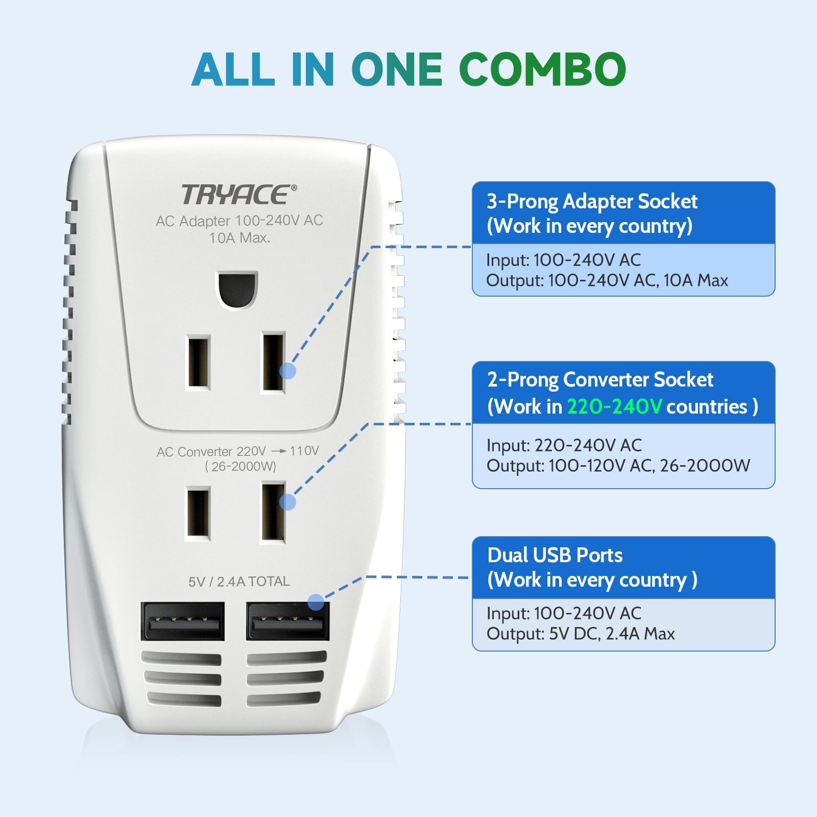 Tryace 220V To 110V Converter,Upgraded 2000W Travel Voltage Converter For Hair Dryer Straightener Curling Iron,10A Power Adapter