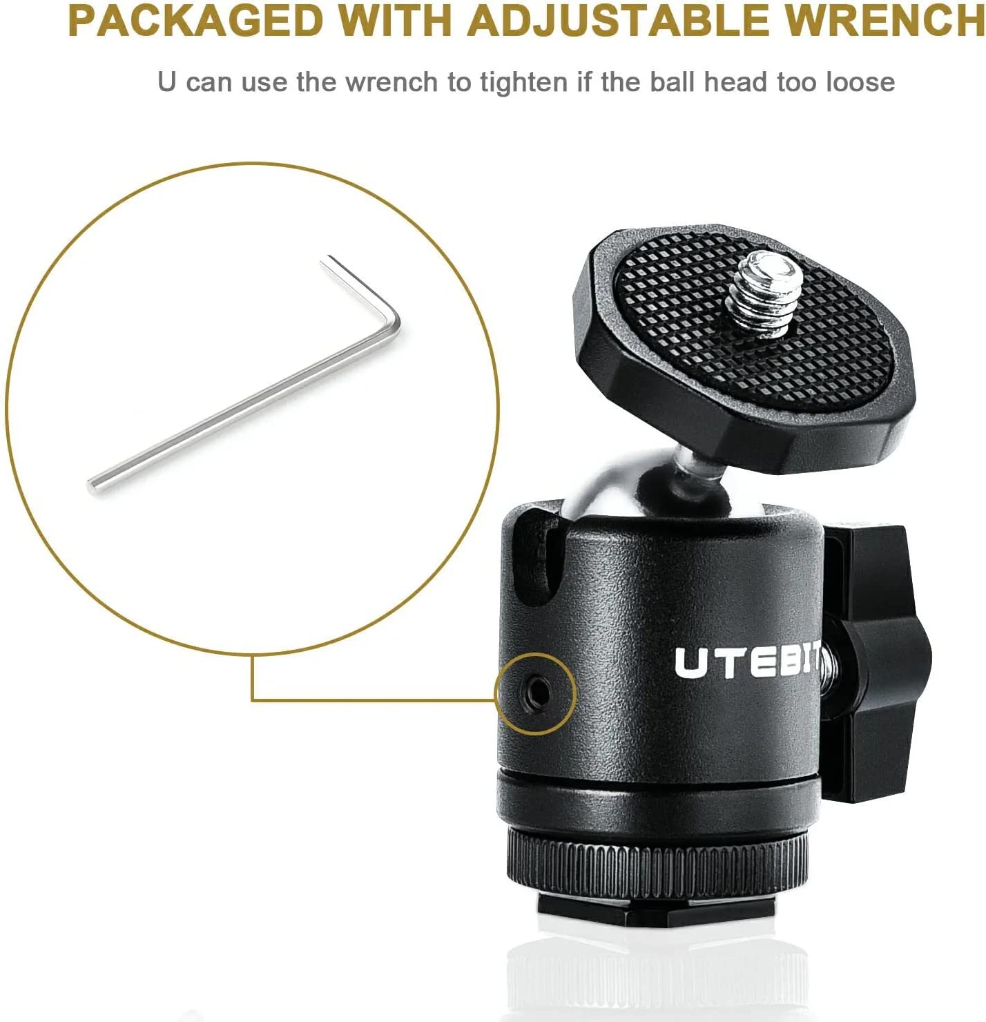 Utebit 2 Pack Mini Ball Head With 1/4 Hot Shoe Mount Adapter Max Load 5.5Lb 360 Swivel Tripod Ball Head For Dslr Camera Camcorde