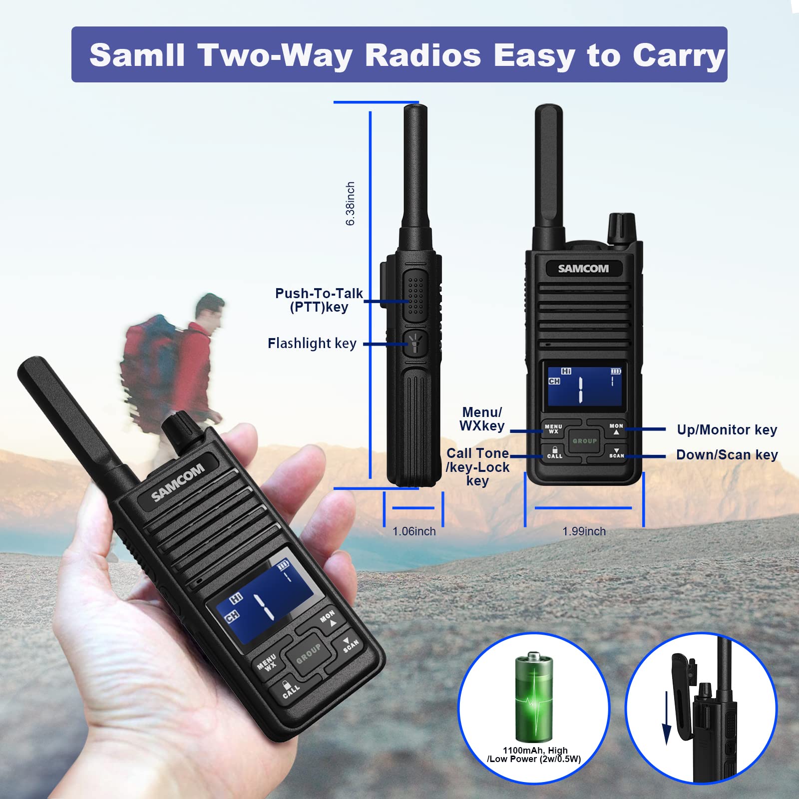 Samcom Gmrs Walkie Talkies 30 Channel Two Way Radio Handheld   2 Watt Gmrs 2 Way Radios With 121 Privacy Codes, Group Call,Weather Alerts For School Church Bussiness (Black, Pair Pack)