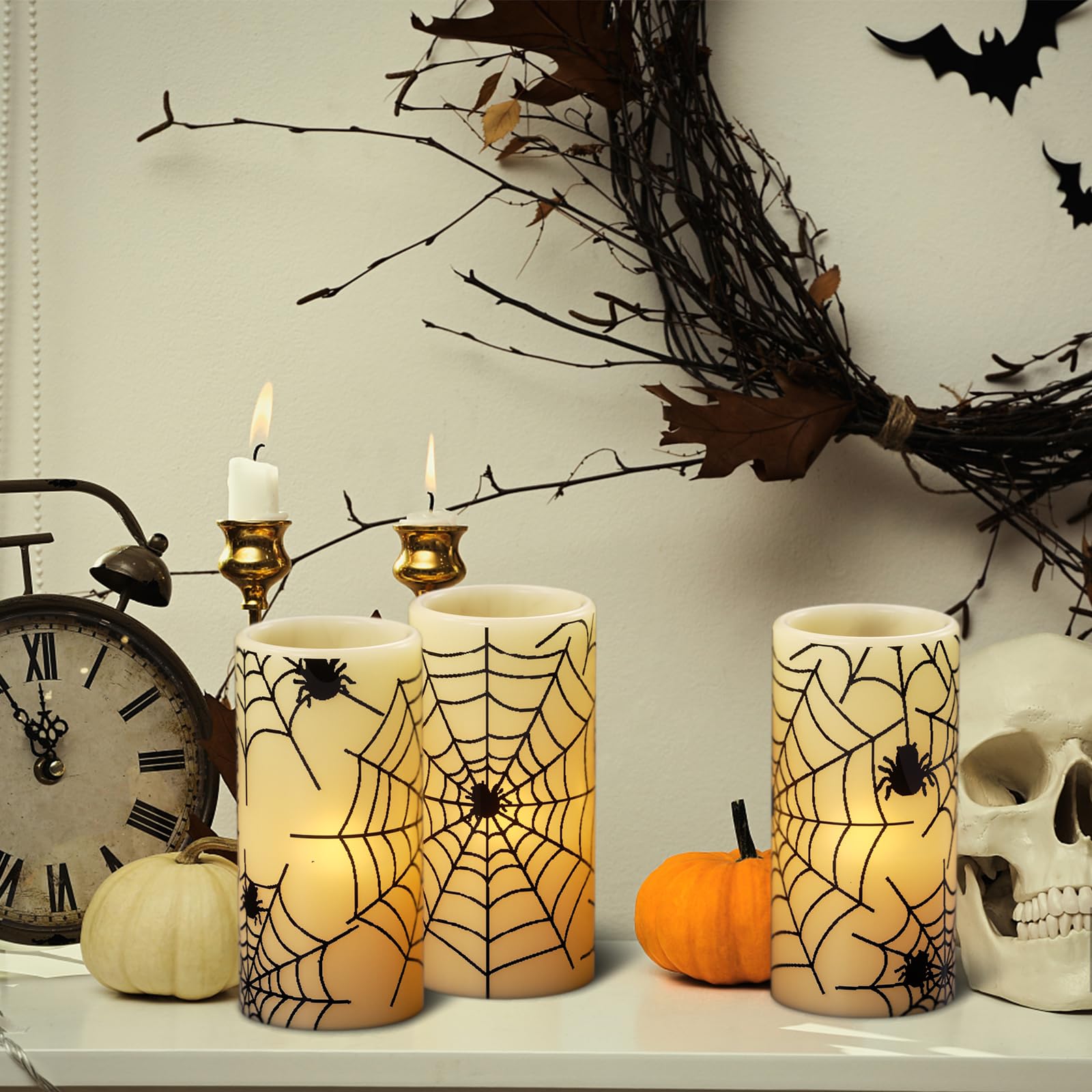 Dromance Flameless Candles Battery Operated With Timer, Set Of 3 Spider Cobweb Decals Yellow Light Real Wax Led Flickering Pilla