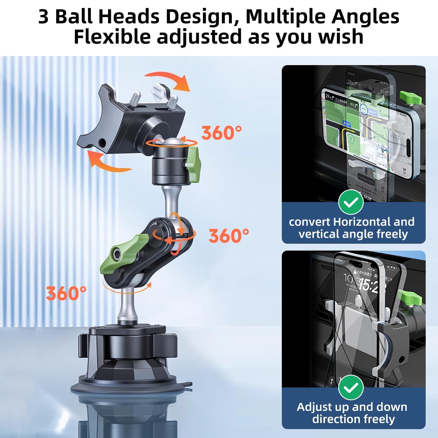 Hemmotop Suction Cup Car Phone Mount, 12 In Heavy Duty Metal Cell Phone Holder For Windshield, 360 Rotation Vacuum Magic Arm For