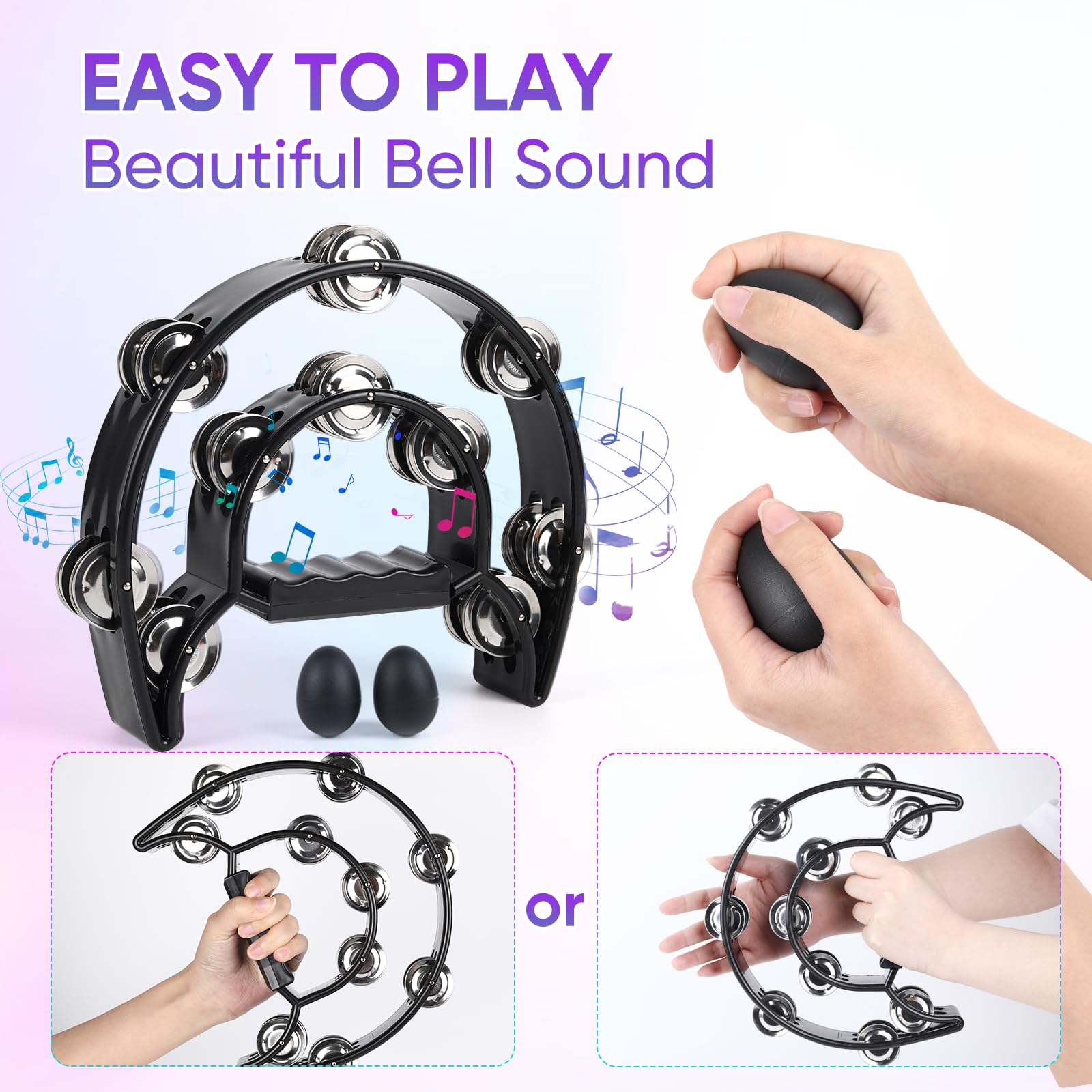Tambourine Double Row Metal Jingles Bell Hand Held Percussion Half Moon Tambourines Musical Instrument For Adults Kids Party, Kt