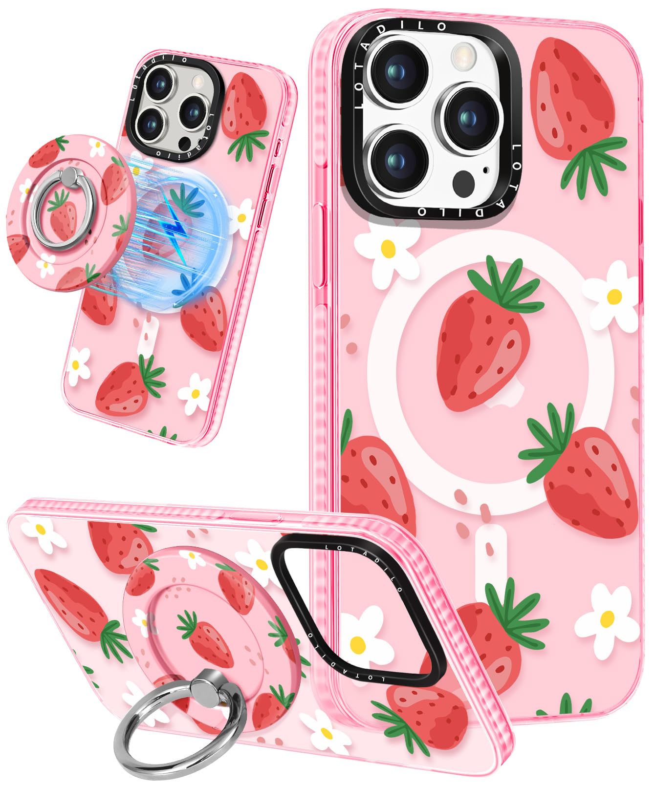 Lotadilo for iPhone 13 Pro Case for Women Girls - Cute Design Compatible with Magsafe Magnetic Ring Holder Stand Strawberry Flow