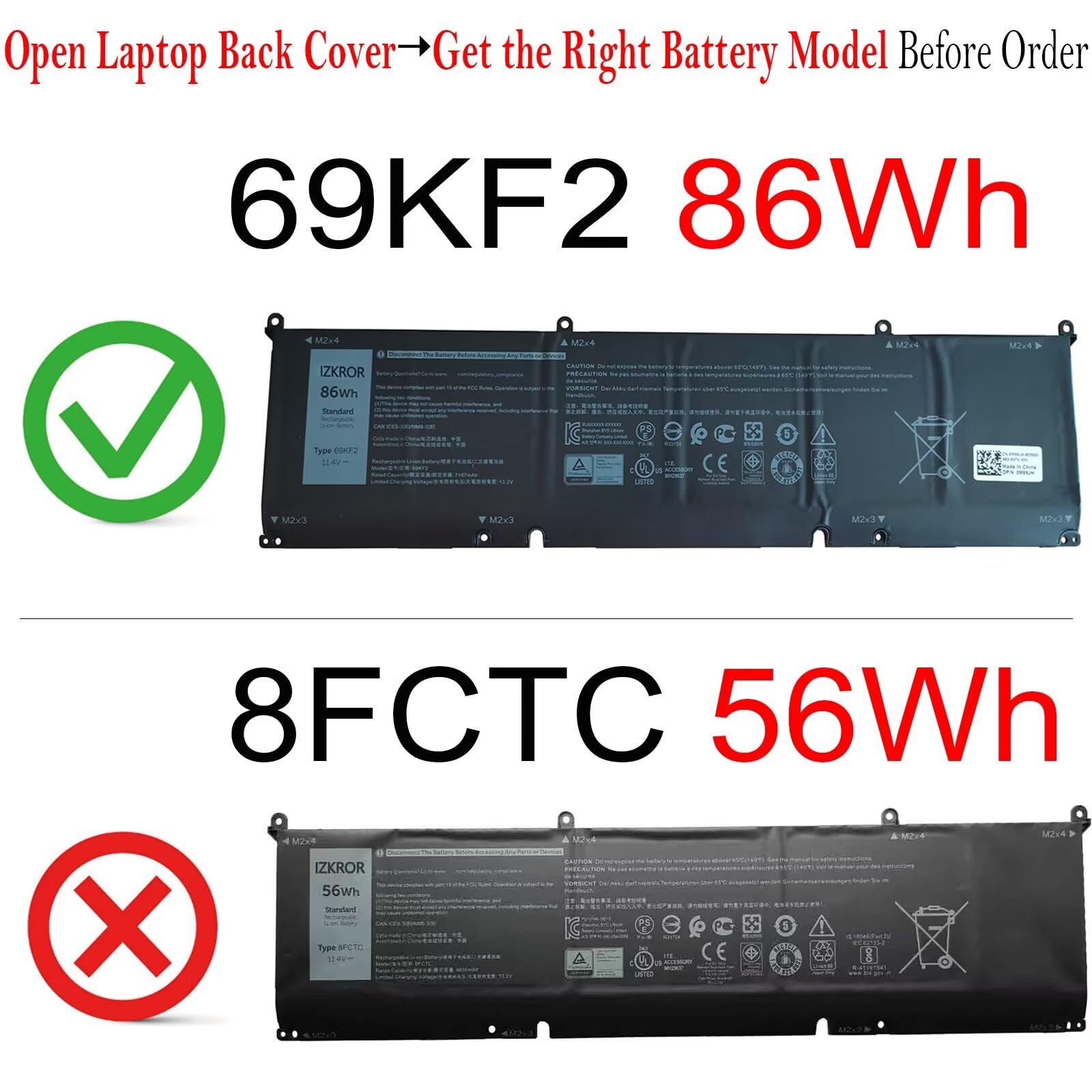 IZKROR 69KF2 86Wh Li-ion Laptop Battery for Dell Alienware M15 R3 R4 R5 R6 R7 M17 R3 R4 Precision XPS 15 Inspiron Vostro Black