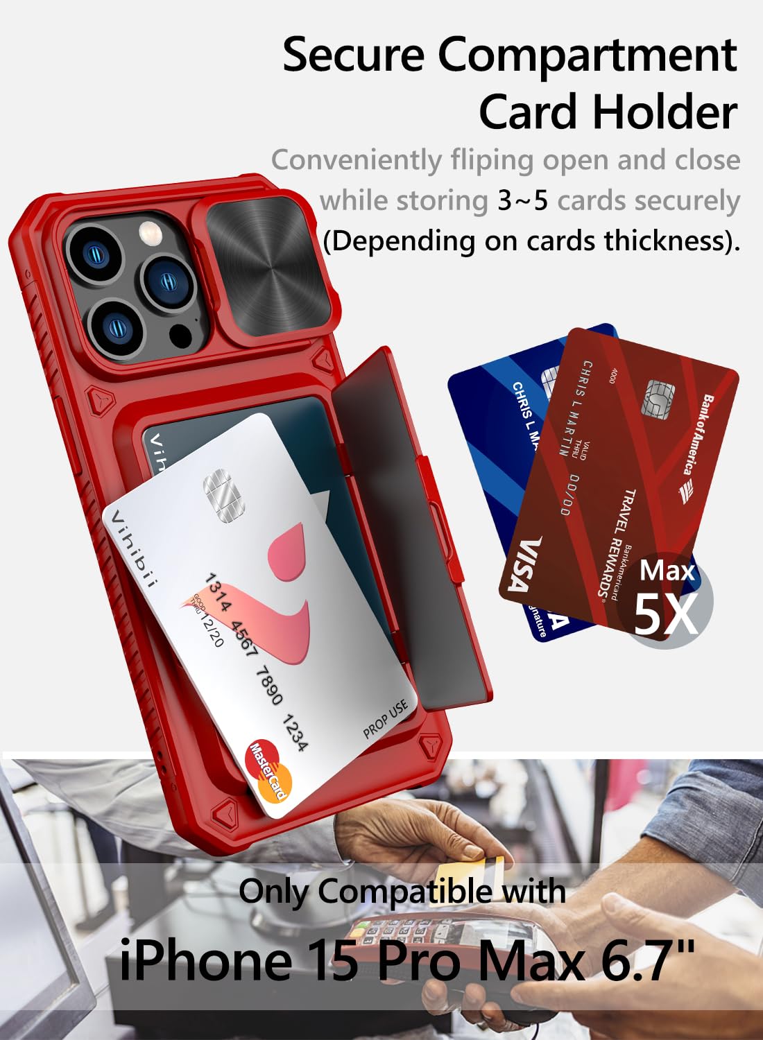 Vihibii For Iphone 15 Pro Max Wallet Case With Card Holder (4 Cards) & Slide Lens Protective Cover & Kickstand & Raised Edges Pr