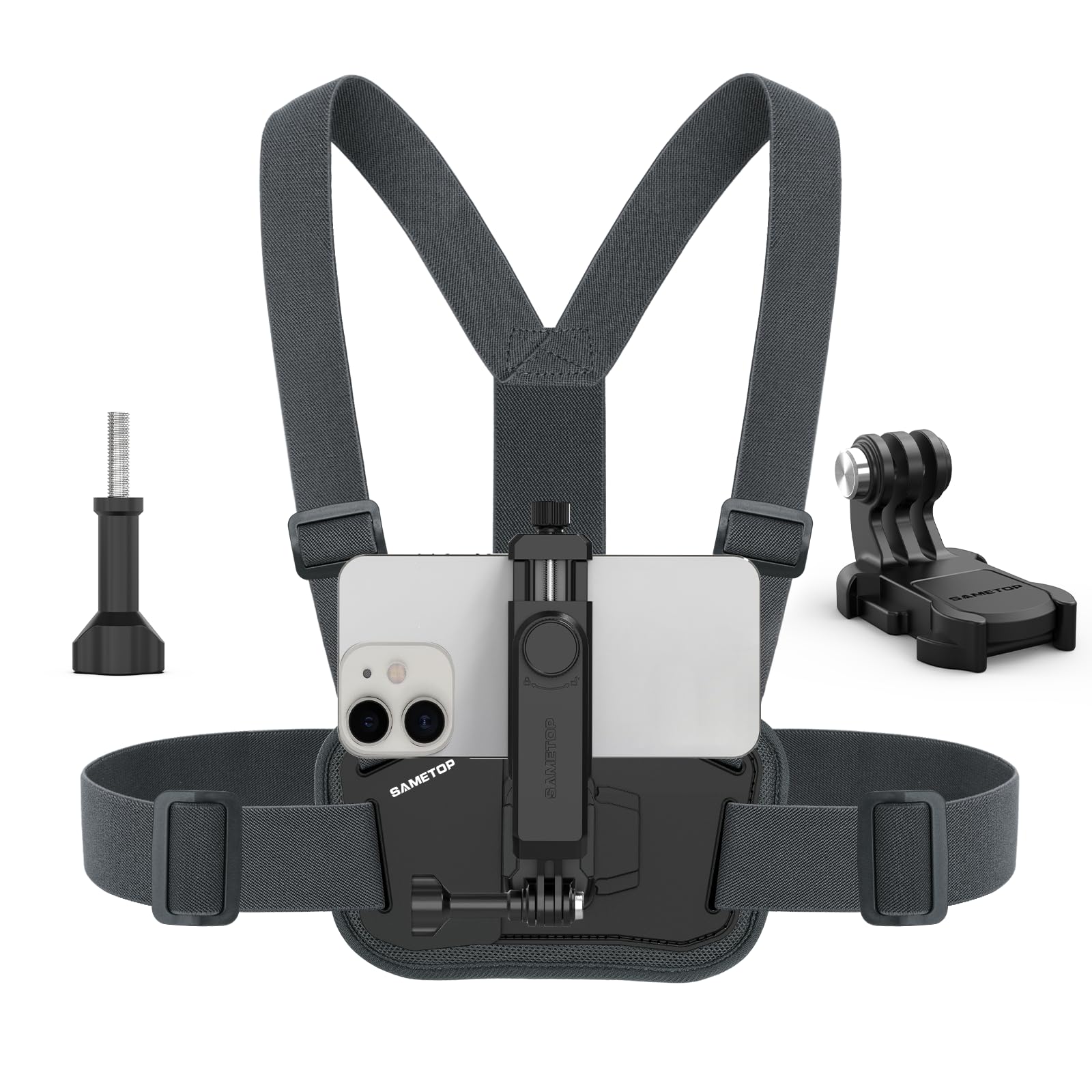 Sametop Phone Chest Mount Harness Holder Mobile Phone Strap Clip Compatible With Iphone Samsung Gopro 13/12/11/10/9/8 Dji Osmo A