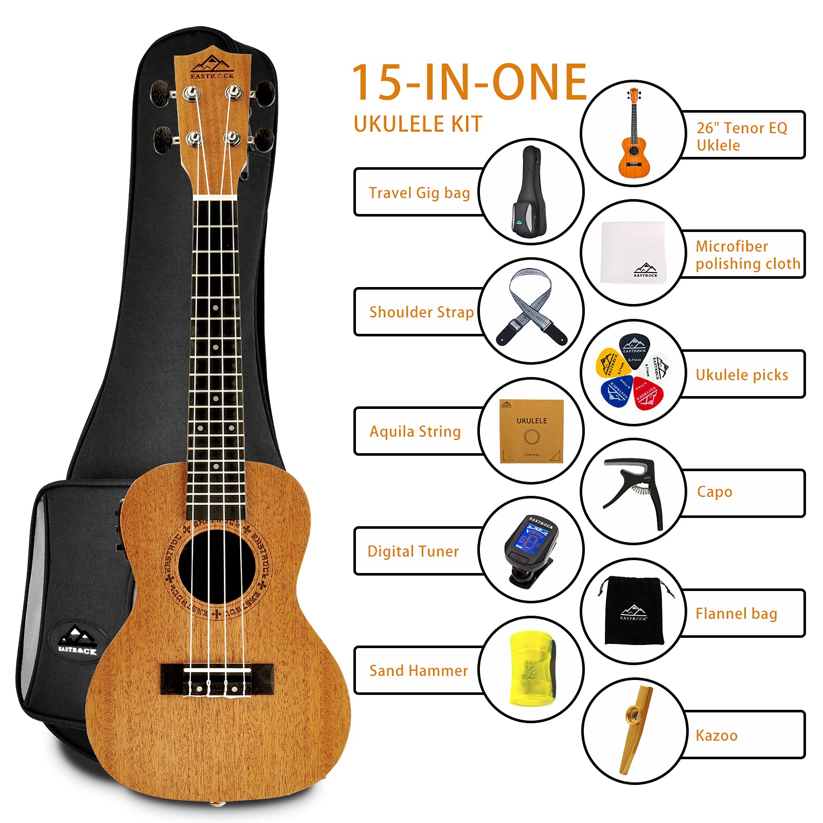Eastrock Tenor Ukulele Mahogany Beginner Electric Built In Digital Tuner Ukelele 26 Inch Big Packagekit. Ukulele Ukalalee Suitab