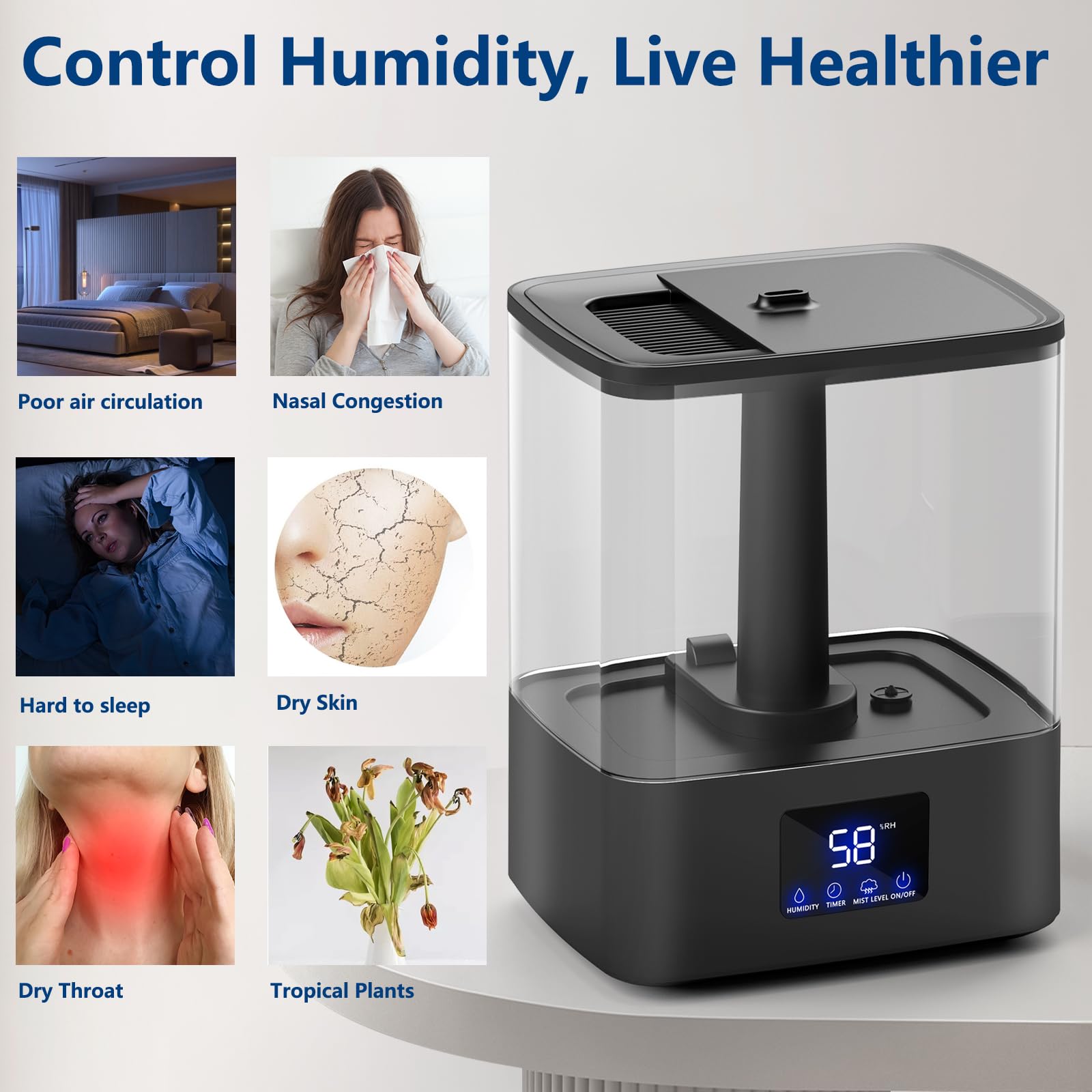 Kzf 6L Top Fill Humidifiers For Bedroom & 60H Runtime - Cool Mist Humidifier, 3 Mist Levels, 8H Timer, Essential Oil Tray, Humid