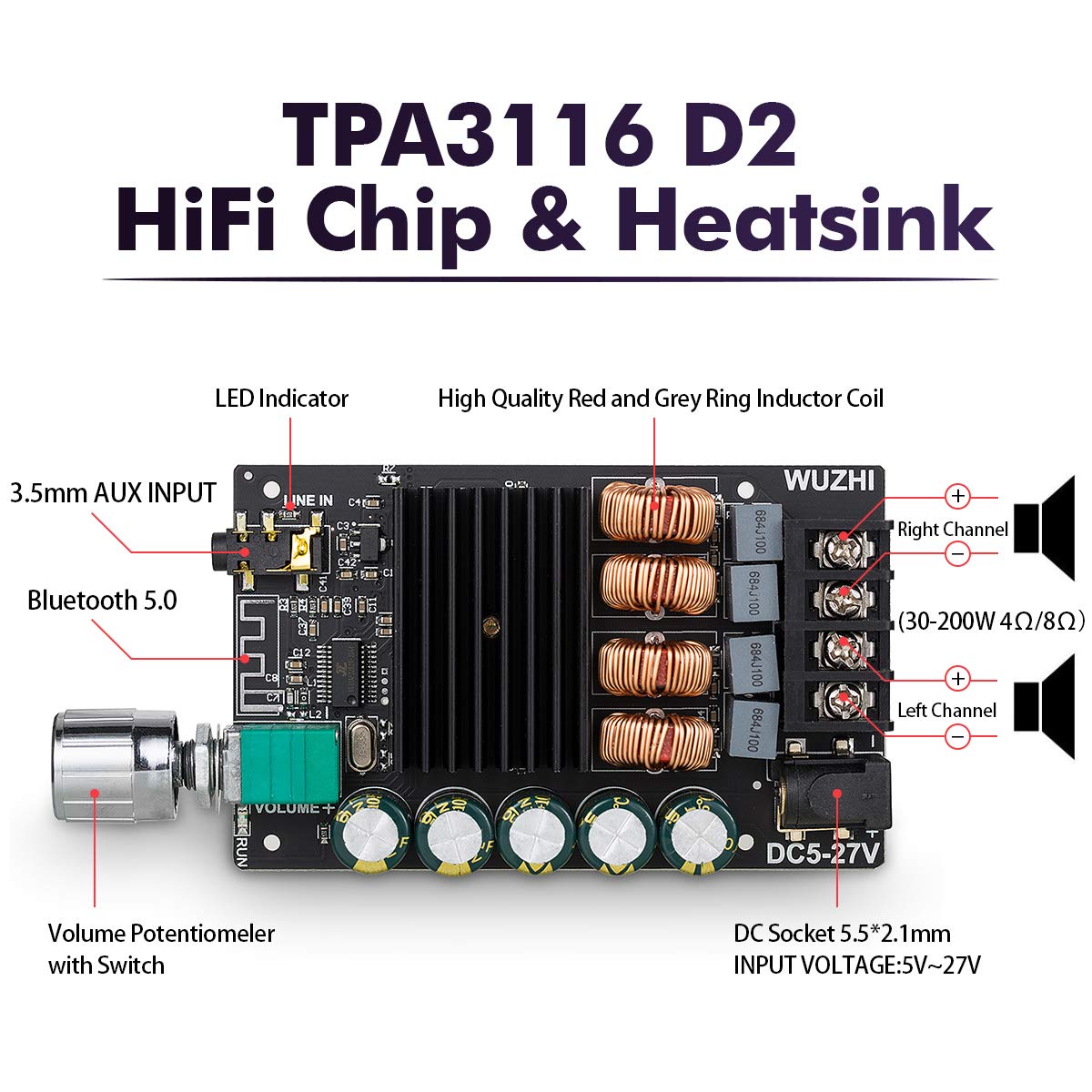 200W Bluetooth 5.0 Power Amplifier 2 Channel Hi Fi Stereo Audio Amp Home Desktop Car Speaker Dc8 24V