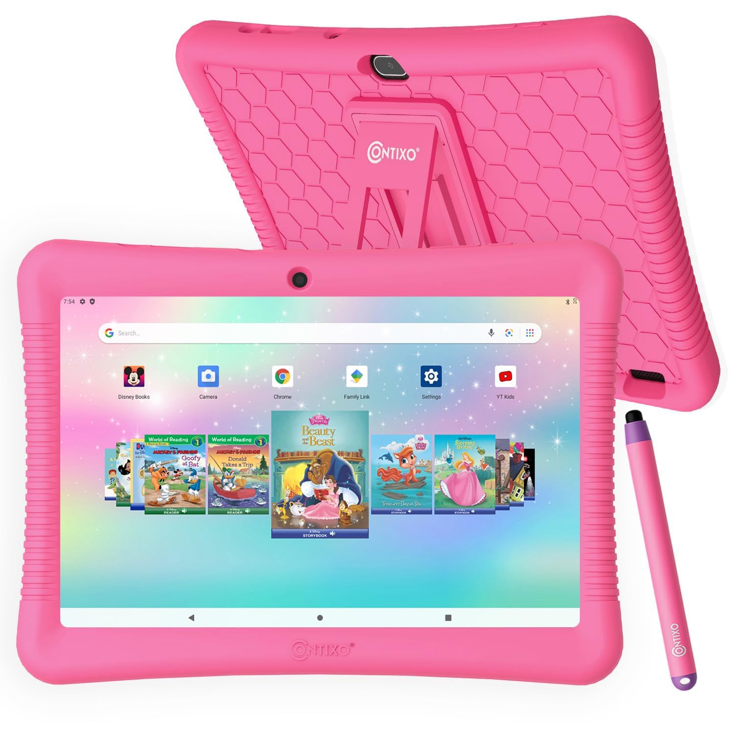 Contixo 10' Android Kids Tablet 32Gb, Includes 80+ Disney Storybooks & Stickers, Parental Controls, Kid Proof Case With Kickstand & Stylus, (2024 Model)   Pink