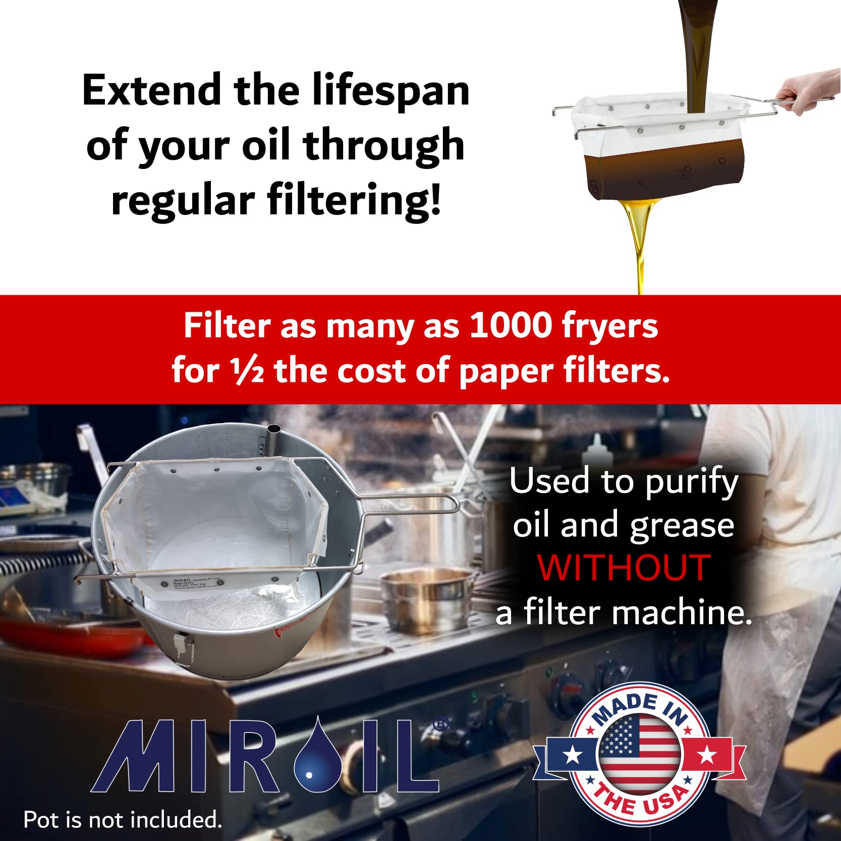Miroil B6Ps Fryer Filter Bag & Frame Combo, Extends Grease Life, Handles Hot & Cold Cooking Oil & Filters Up To 70 Lb. Polishing