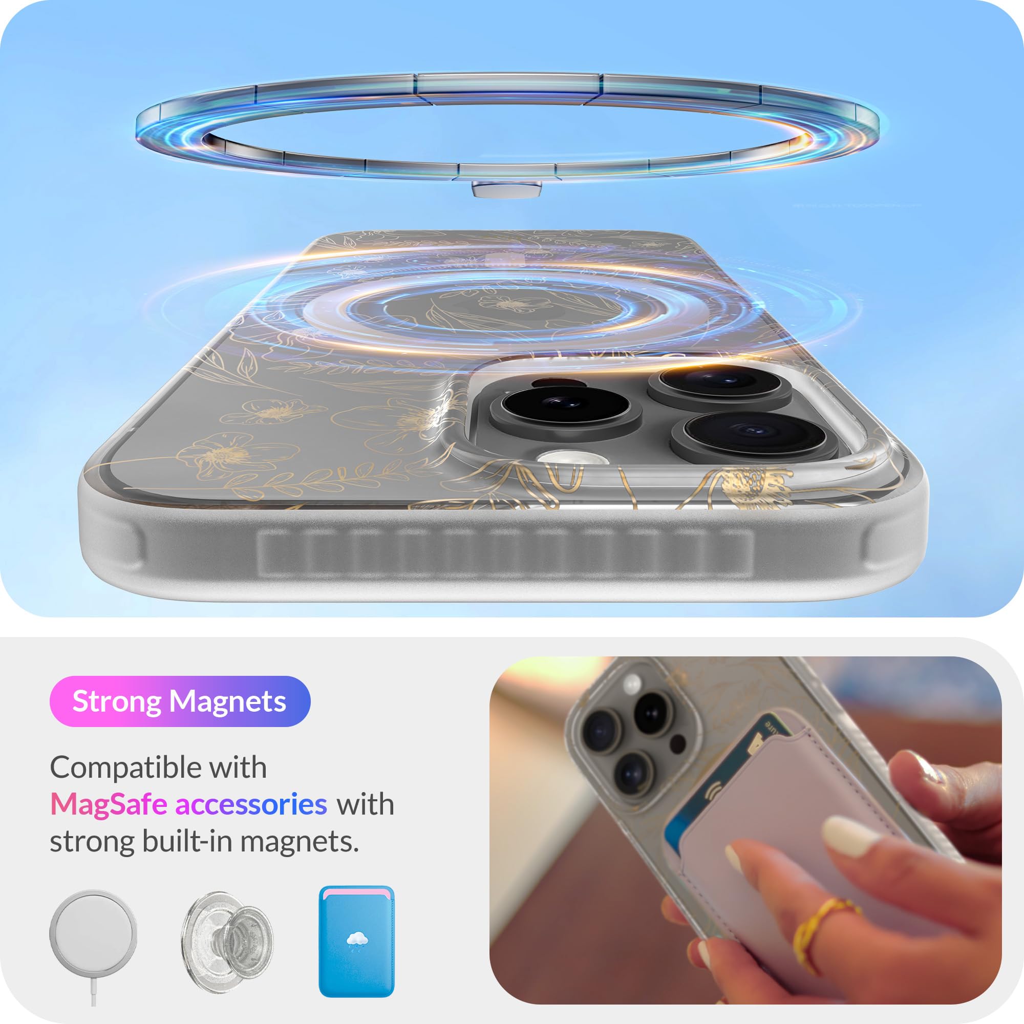 Lonli Hue   For Iphone 16 Pro Max Case [Compatible With Magsafe]   Gold Floral Phone Case   [360 Shock Absorbent Bumper]   Cute,