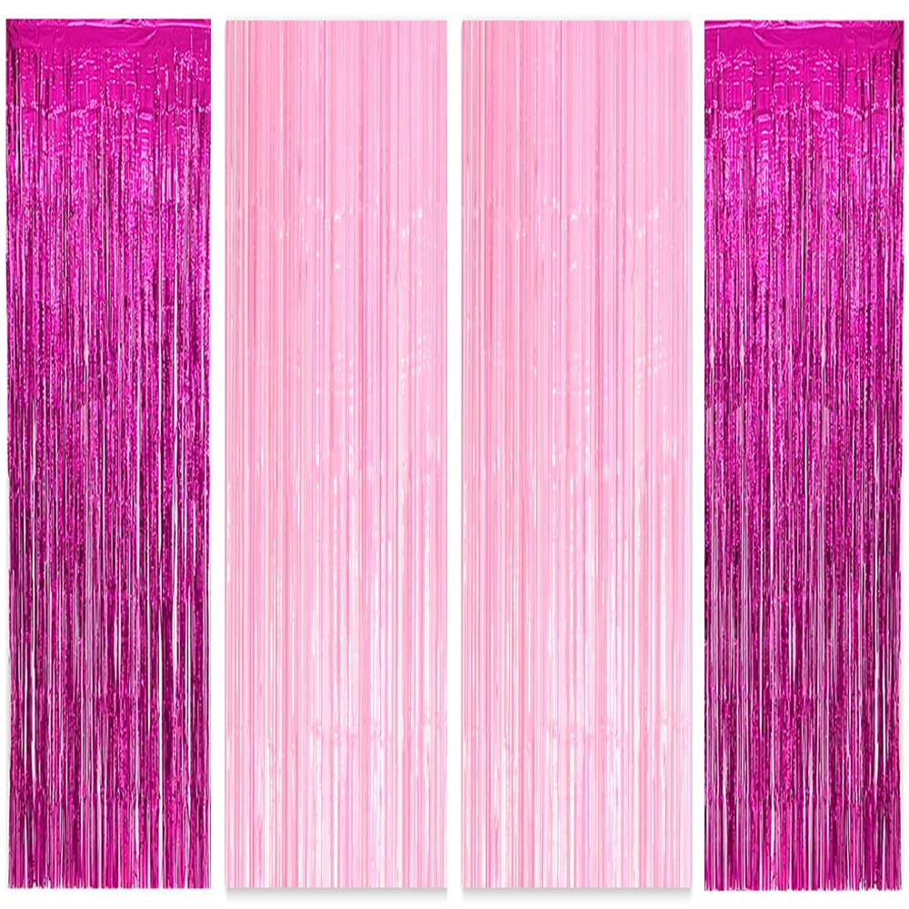 Boopati 3.2X6.5 Ft Pink & Rose Red Metallic Tinsel Foil Fringe Curtains For Barbeeprincess Theme Party,Pink Foil Fringe Curtain,