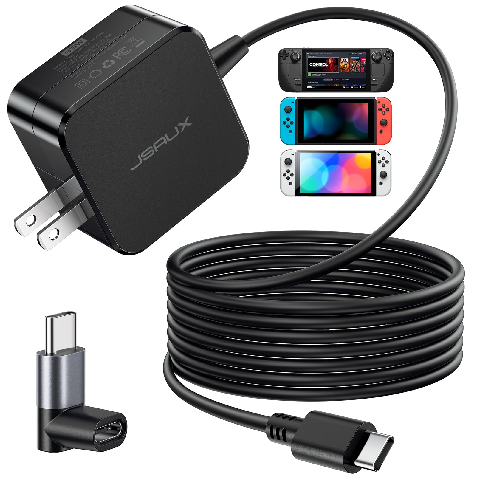 JSAUX 45W USB C Charger for Steam Deck/OLED, 10FT Cable Type C PD 3.0 45 Watt Fast Charging Compatible with Steam Deck, Switch/O