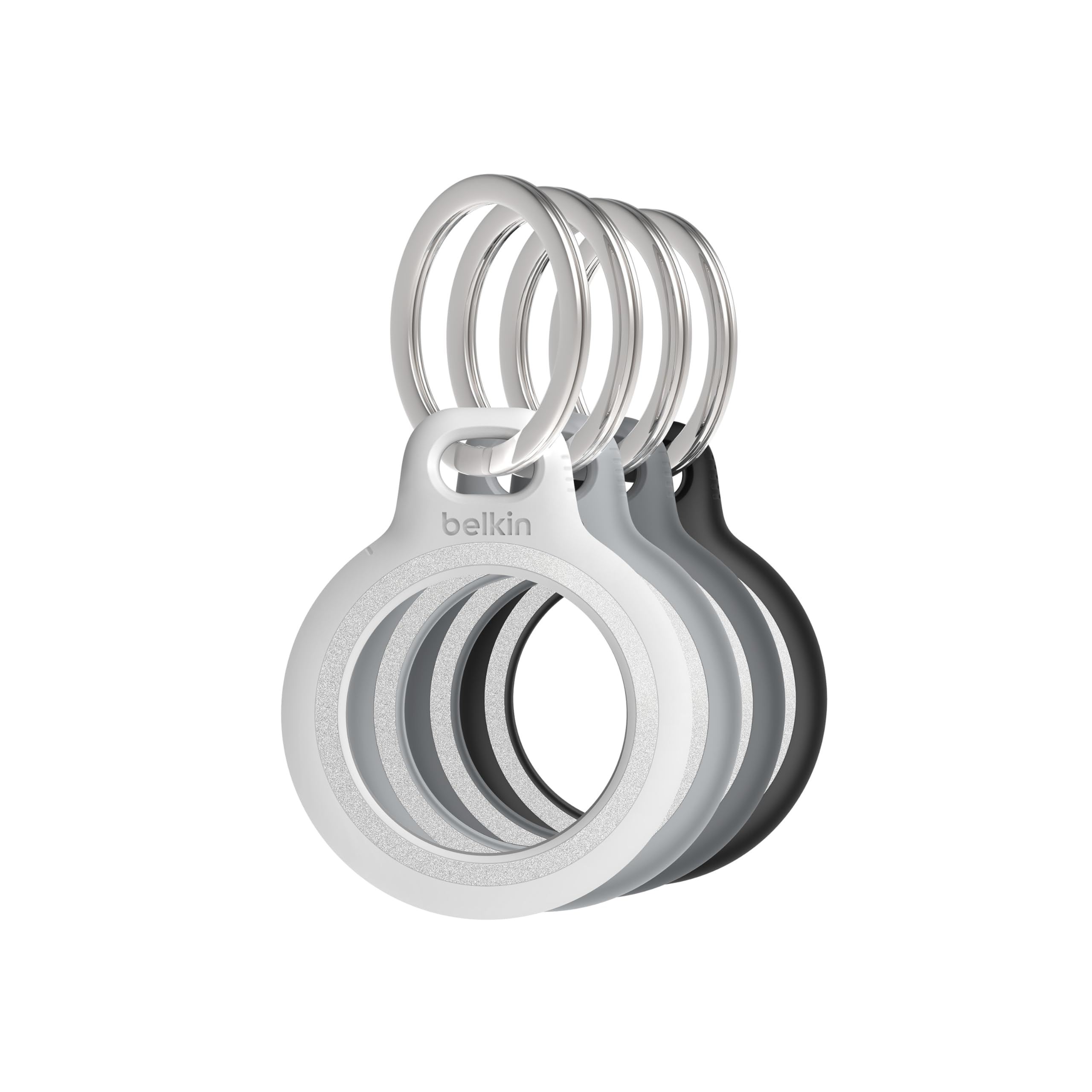 Belkin Apple AirTag Reflective Secure Holder w/Key Ring, Scratch Resistant Case w/Raised Edges   Protective AirTag Keychain Accessory for Keys, Child Tracking Device, Pets   Grayscale (4 Pack)
