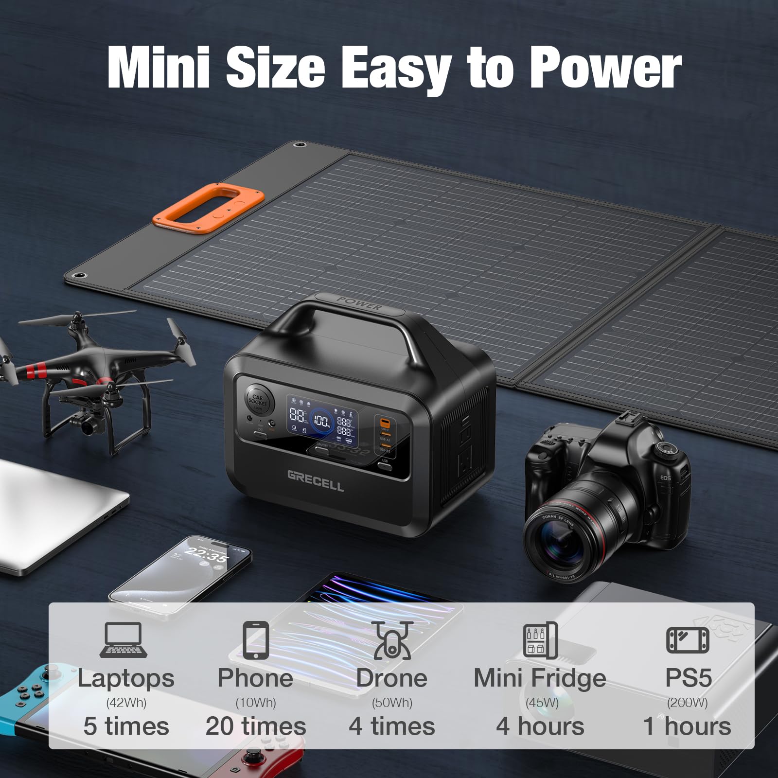 Grecell Portable Power Station 300W, 230Wh Lifepo4 (Lfp) Battery, 1.5Hrs Fast Charging, 2 Up To 300W(Peak 600W) Ac Outlets, Sola
