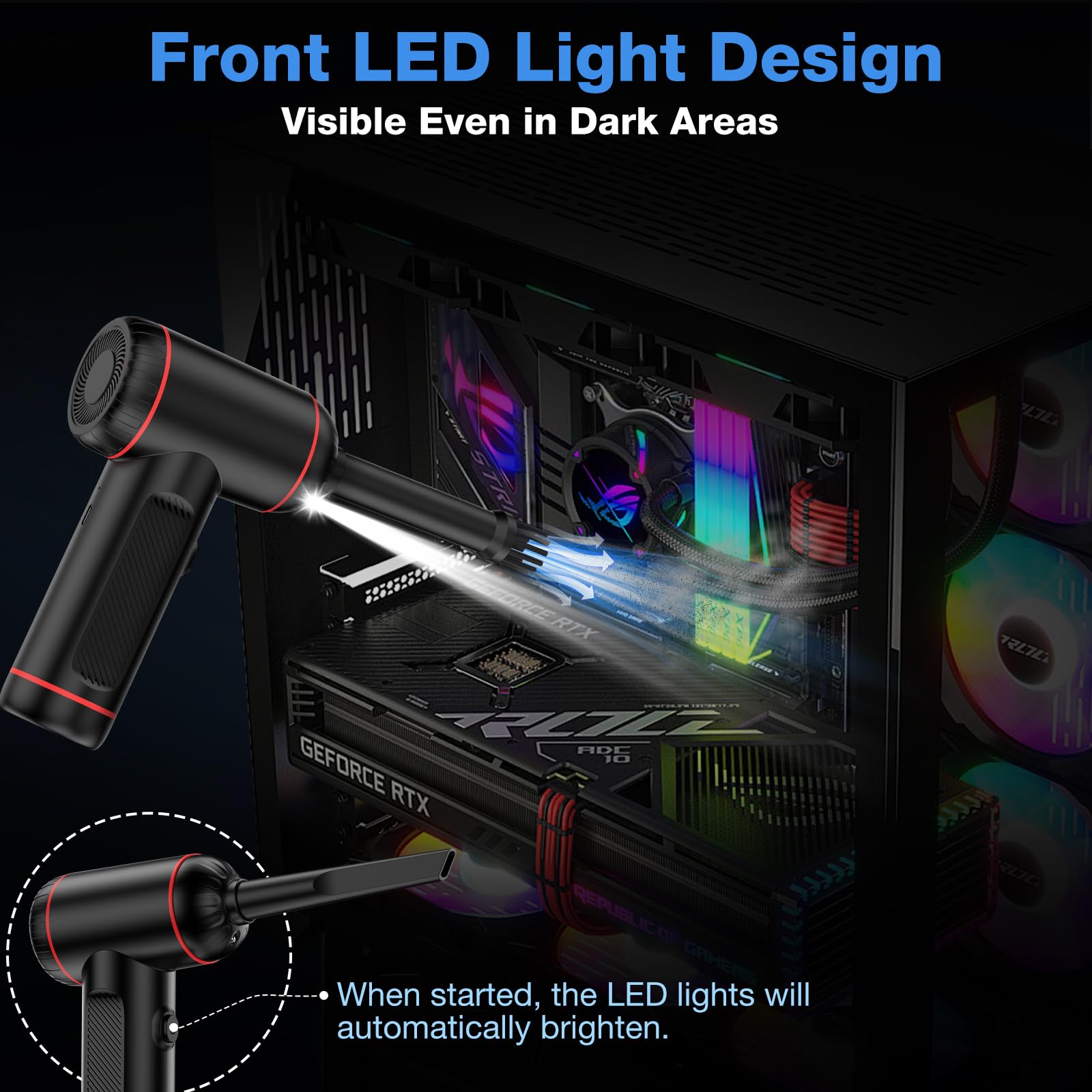 Compressed Air Duster, 3 In 1 Cordless Electric Air Duster, Vacuum & Inflate Swimming Ring, 3 Gear Adjustable 100,000Rpm Handheld Mini Car Vacuum Cleaner & Keyboard Air Blower With Led Light (Black)