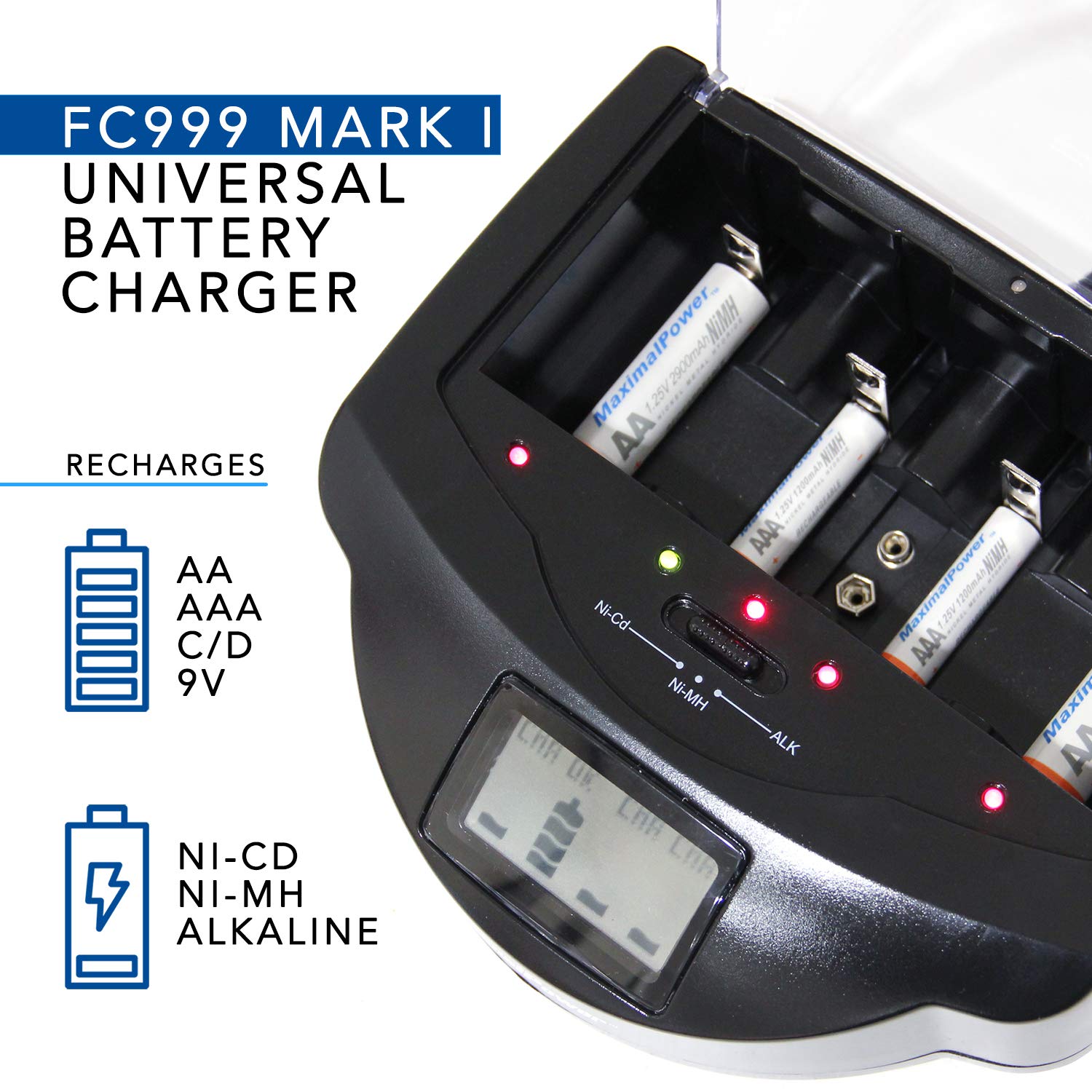 Maximalpower Universal Battery Charger Station For Alkaline, Ram, Ni-Mh, Ni-Cd, Aa, Aaa, C, D, 9V Batteries | Fc999 Model (Batte