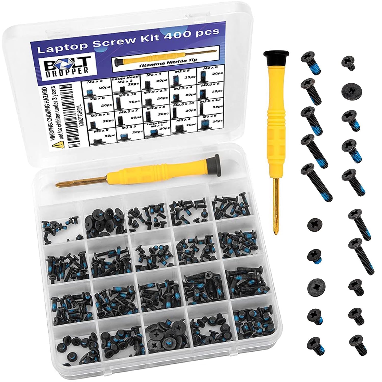 BOLT DROPPER 400pcs Laptop Screws w/Blue Nylok (20 Sizes) Titanium Nitride Screw Driver, Notebook Computer Screw Kit Set, Electr