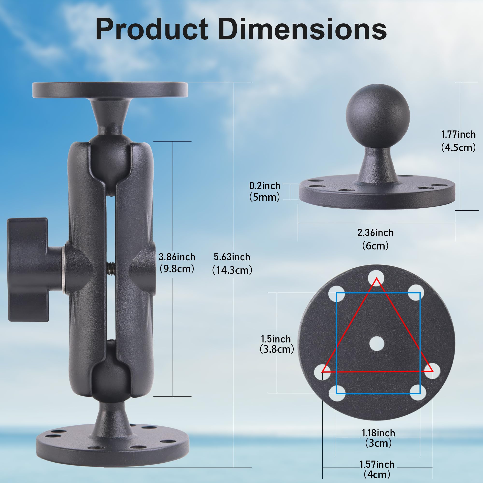 Keuvirya Aluminum Fish Finder Mount With 1'' B Size Ball, 360 Rotation Depth Finder Mount Bracket For Boats With Double Amps Rou