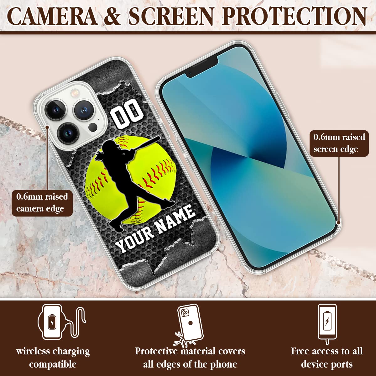 Somlatic Personalized Softball Phone Case Custom Name & Number Ball Phones Cases Gifts For Basketball Lovers Players Coach Fan C