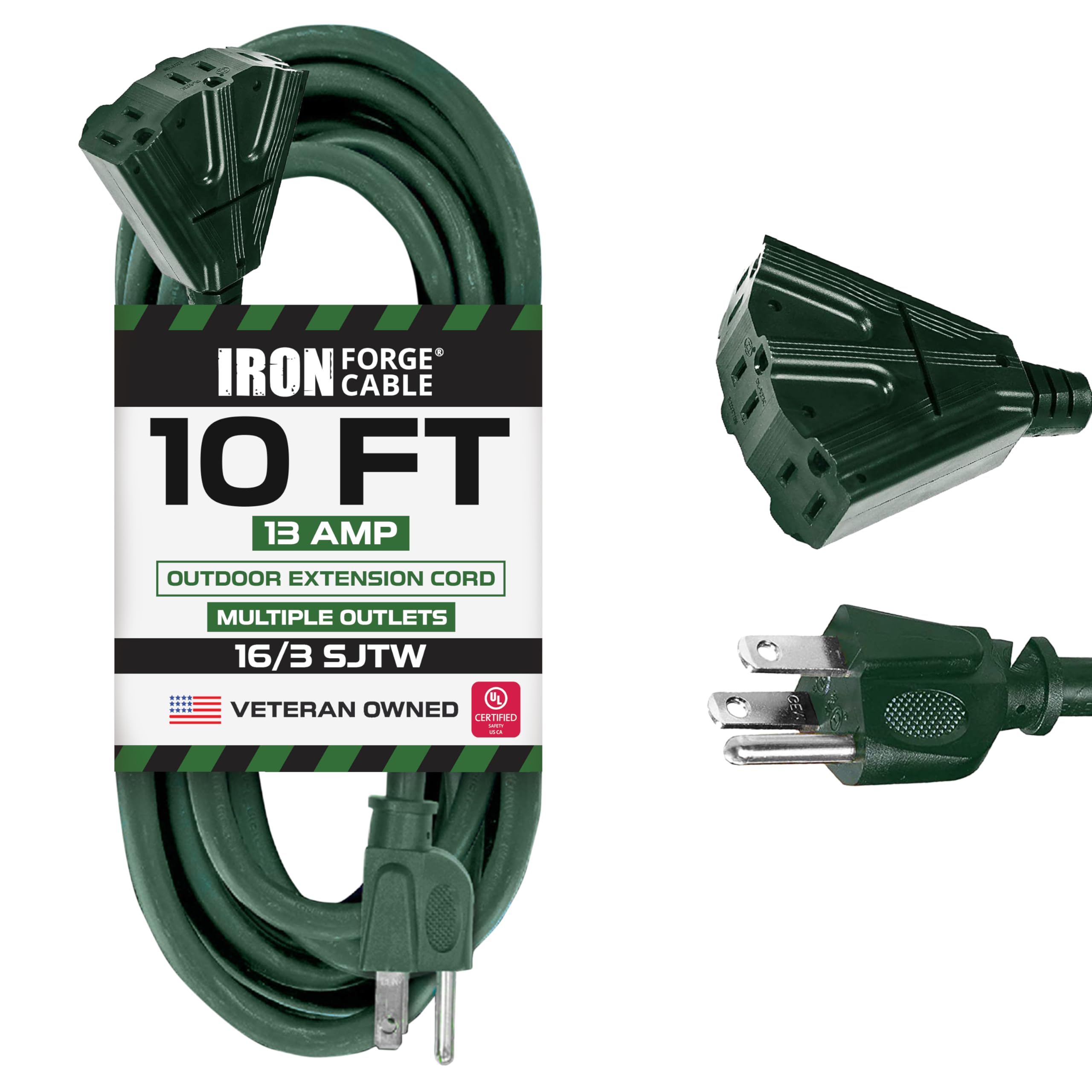 Iron Forge Cable 3 Outlet Outdoor Extension Cord 10 Ft, 16/3 Heavy Duty Green Extension Cord With Multiple Outlets 3 Prong, Weat