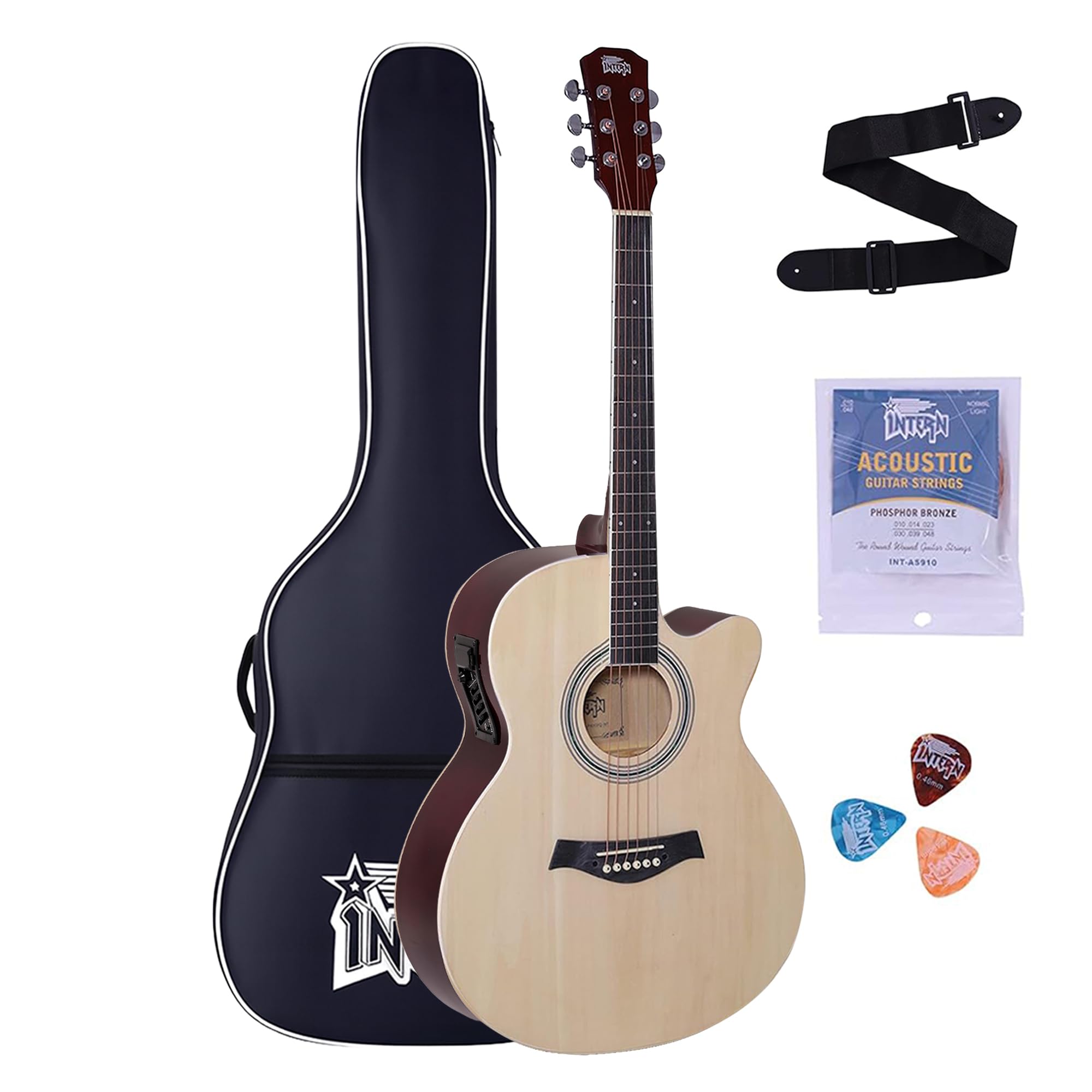 Intern 40 Inches Acoustic Equalizer Cutaway Guitar With PickUp & Truss Rod, Carry Bag, Strings Pack, Strap & Picks. Premium Woo
