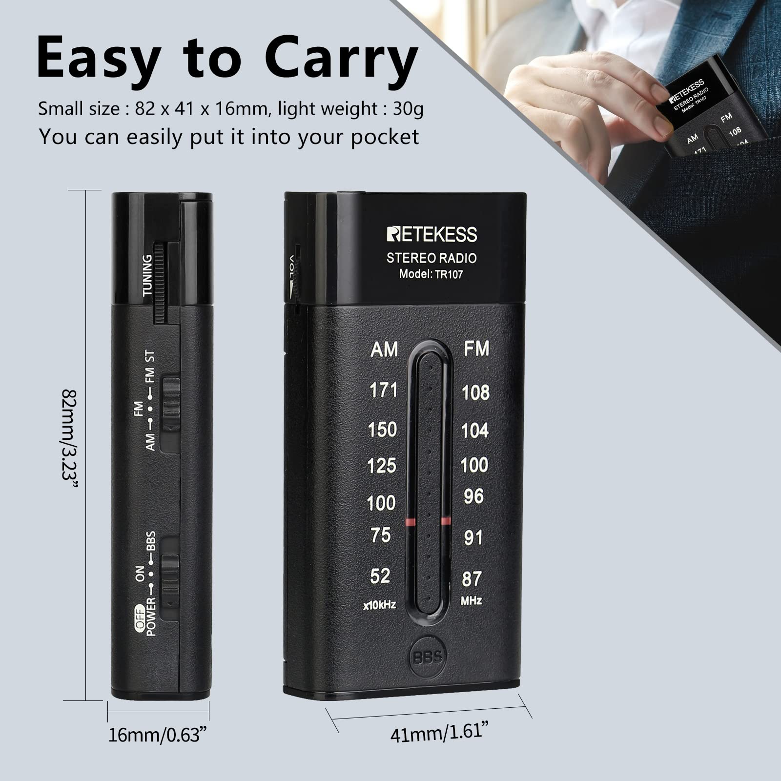 Retekess Tr107 Pocket Radio Am Fm, Portable Radio With Headphones, Aaa Battery Operated, Fm Stereo And Bass Boost, Ideal For Wal