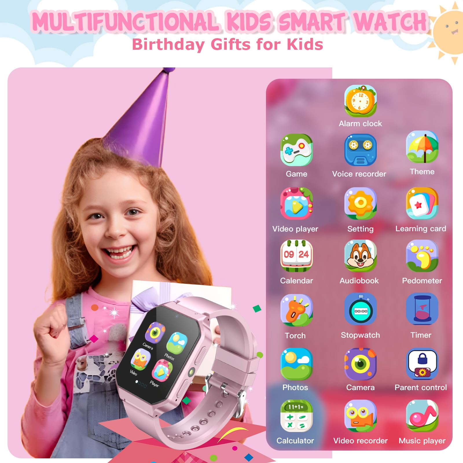 Derui Smart Watch For Kids 3 12 Years Boys Girls, 26 Puzzle Games, Smartwatch With Camera, Pedometer, Stopwatch, Video Voice Music Player Calendar Alarm Clock Learn Card For Children Gifts (Pink)