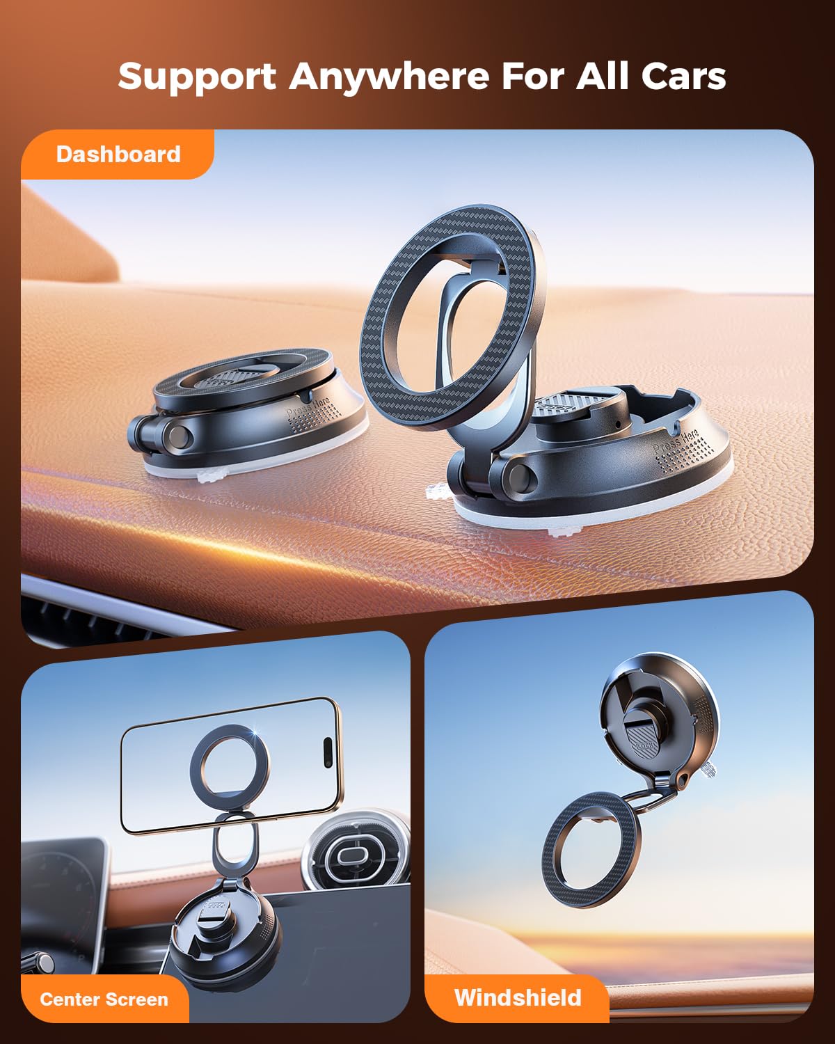 Superone For Magsafe Car Mount [88Lbs Powerful Suction] Magnetic Phone Holder For Car Dash Windshield, Suction Cup Phone Mount F