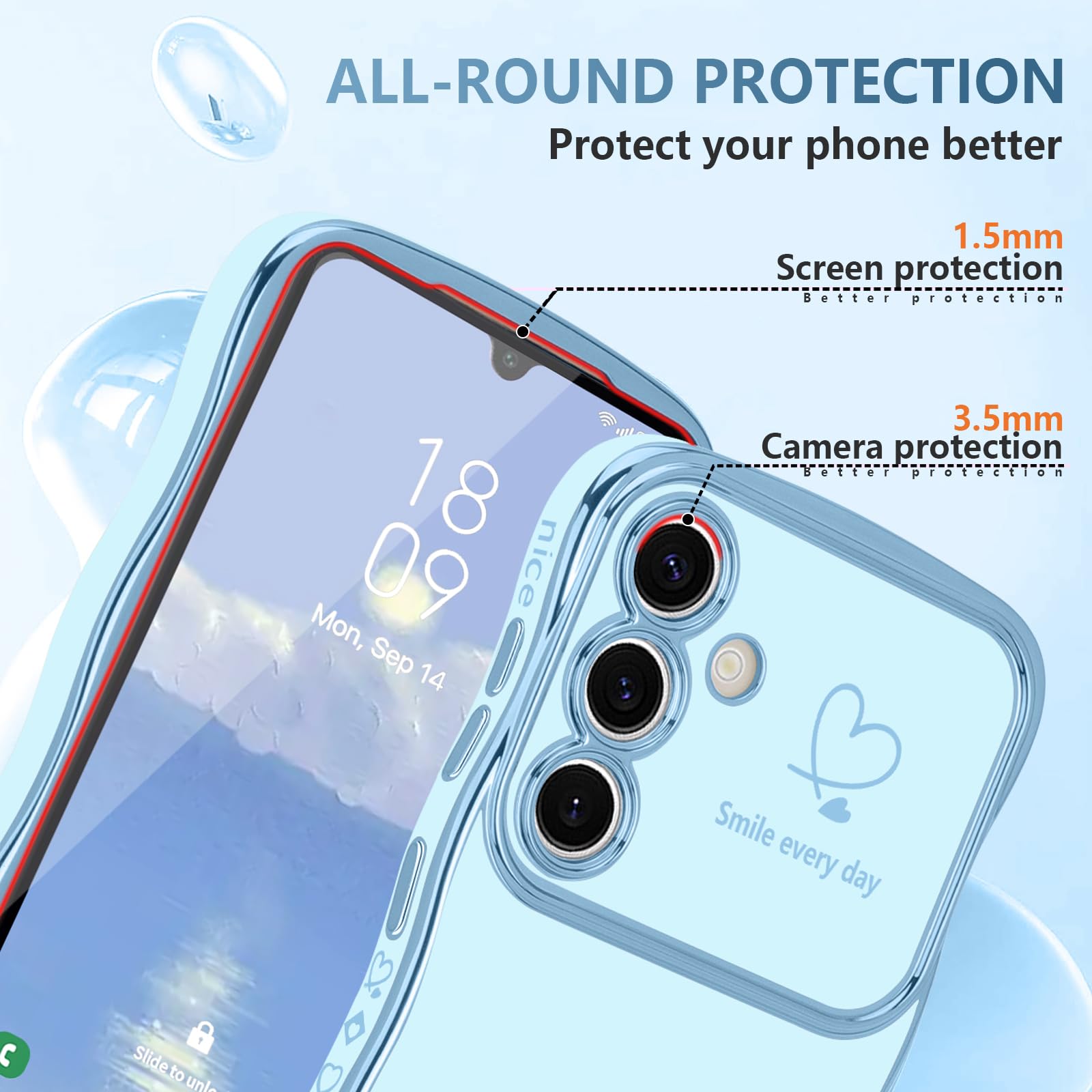 Lchulle For Samsung Galaxy A14 4G/5G Case For Women Girls, Cute Wave Frame Curly Shape With Love Heart Camera Protection Cover L