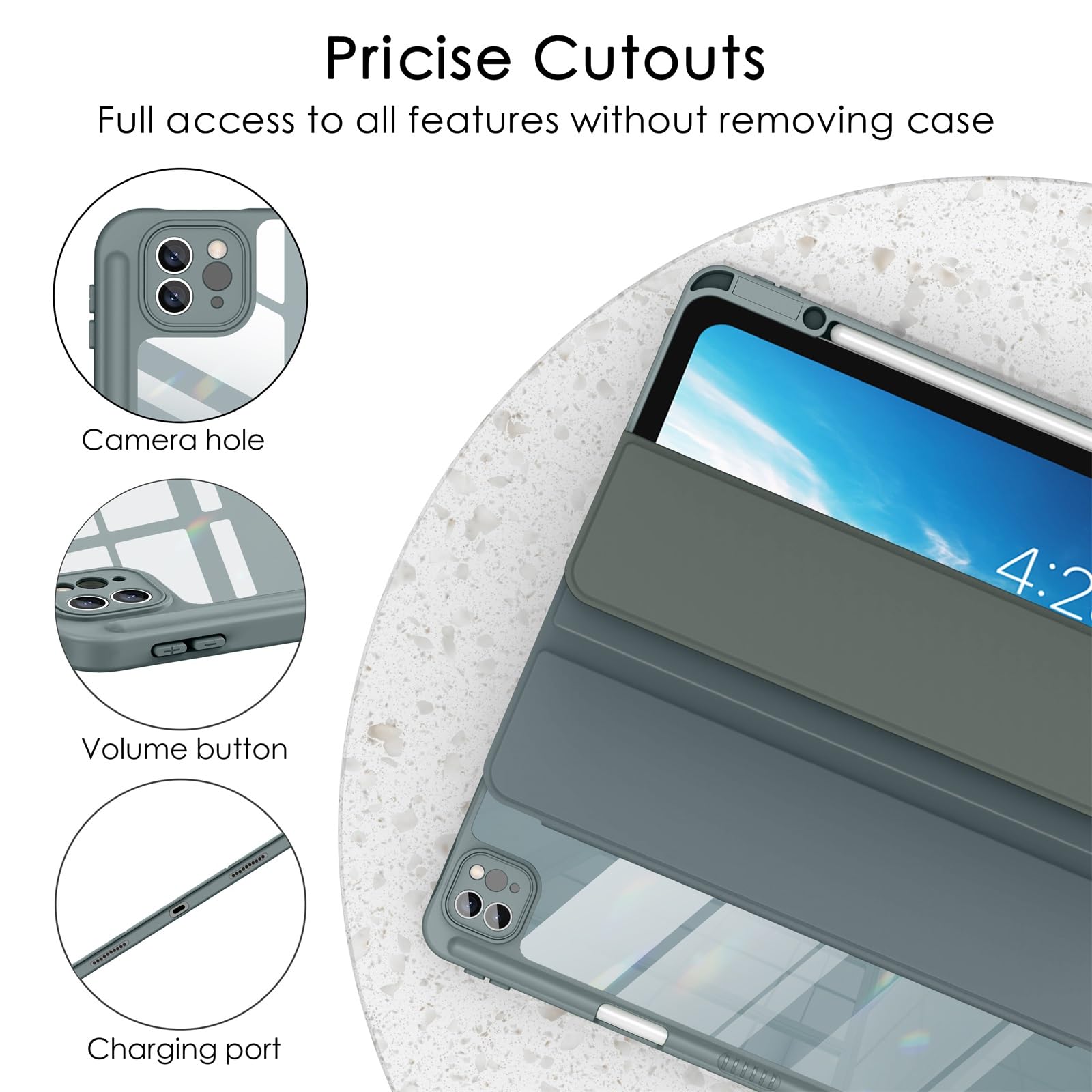 Soke Case For Ipad Air 13 M2 2024/Pro 12.9 (6Th/5Th/4Th Generation, 2022/2021/2020)   Pencil Holder+Auto Sleep/Wake+Camera Protection, Shockproof Back Cover For Ipad Pro 12.9 Inch,Gray