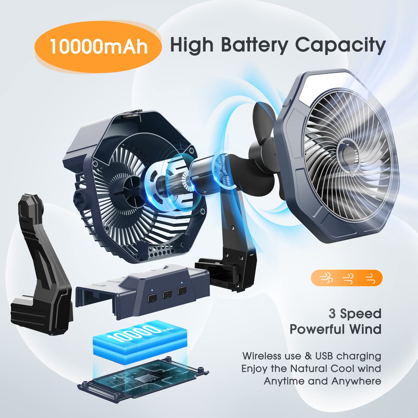 Ausic Misting Fan Portable, Camping Fan With Light & 250Ml Water Tank, 10000Mah 8 Inch Battery Operated Rechargeable Fan, Outdoo
