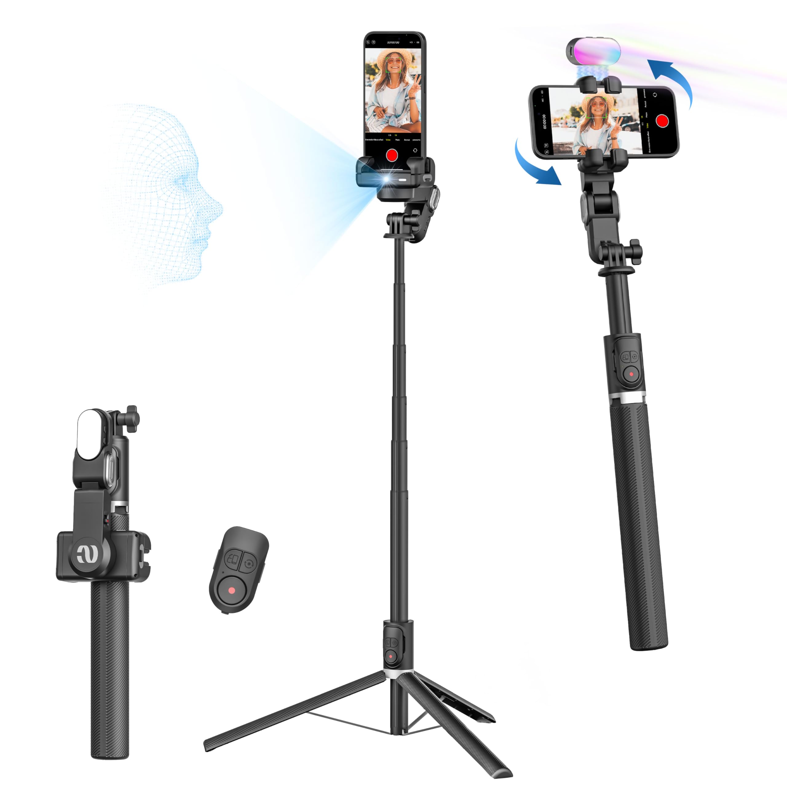 AOCHUAN Auto Face Tracking Tripod 360 Rotation w/Stand,Selfie Stick Tripod for iPhone Android w/RGB Light,Remote Control,Phone S