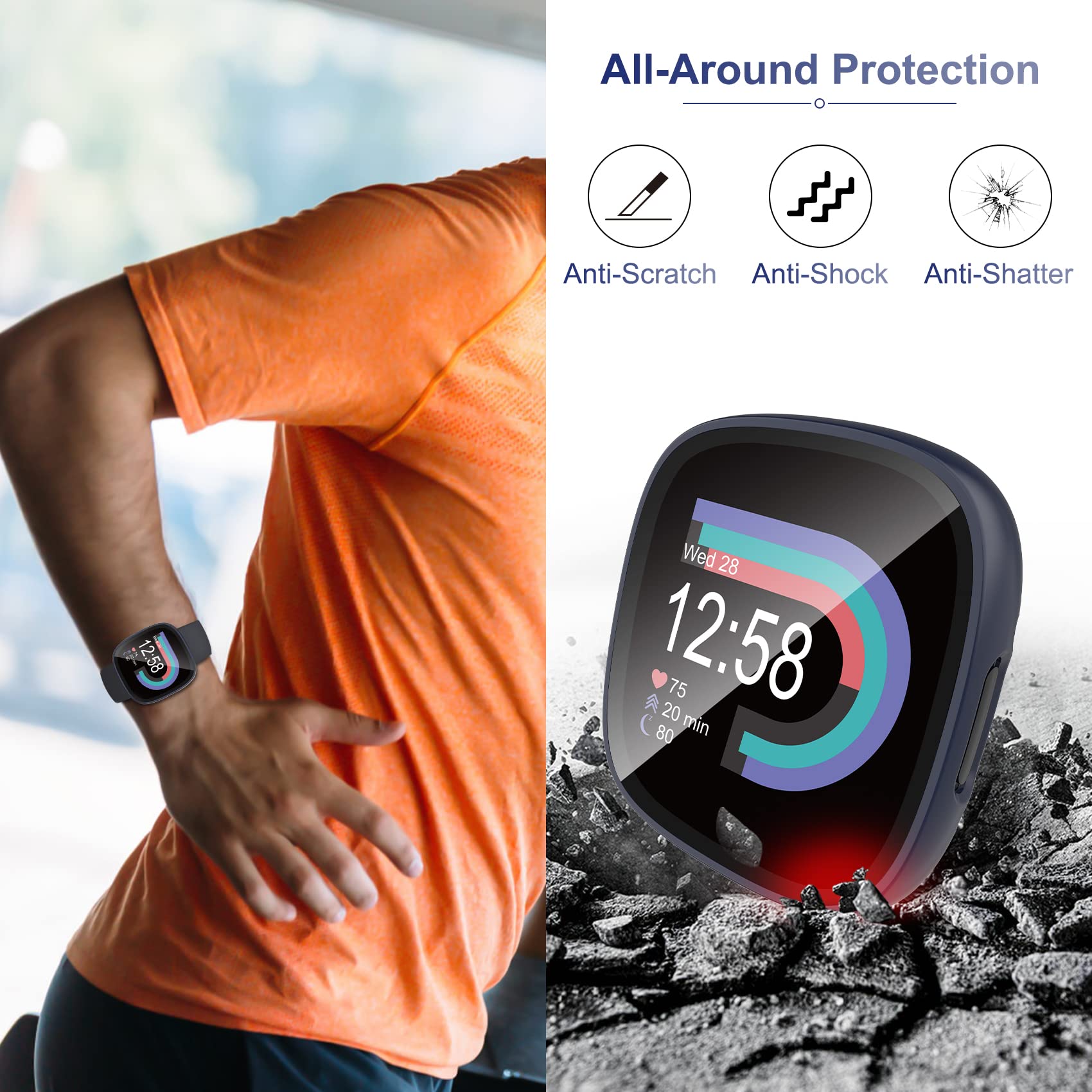 Kpyja 10-Pack Tempered Glass Screen Protector With Hard Pc Case Compatible With Fitbit Versa 4/Sense 2, All-Around Protective Sc