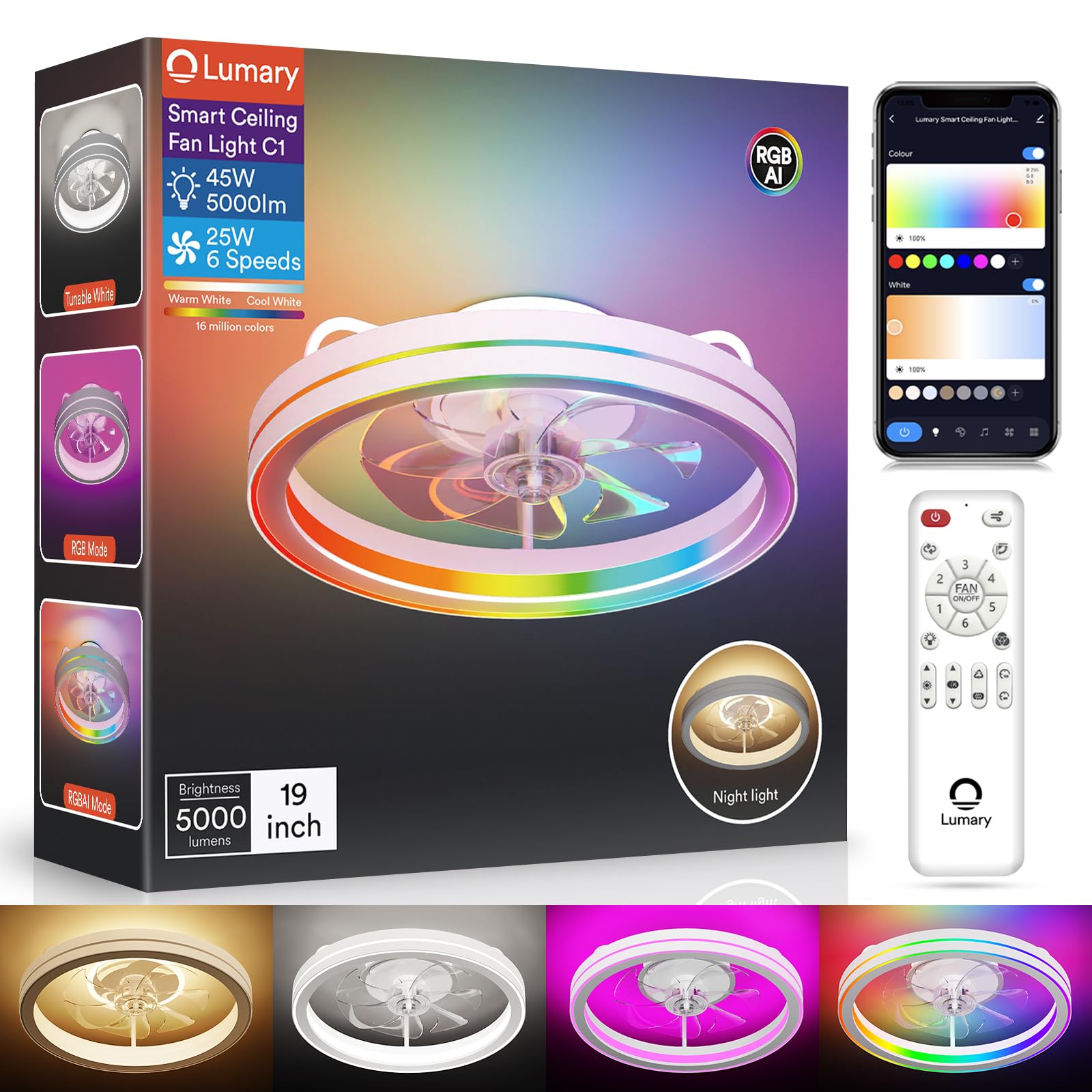 Lumary Smart Ceiling Fan Light With 2200K Nightlight, Wifi & Bluetooth Low Profile Ceiling Fan With Light Remote For Bedroom, Rg