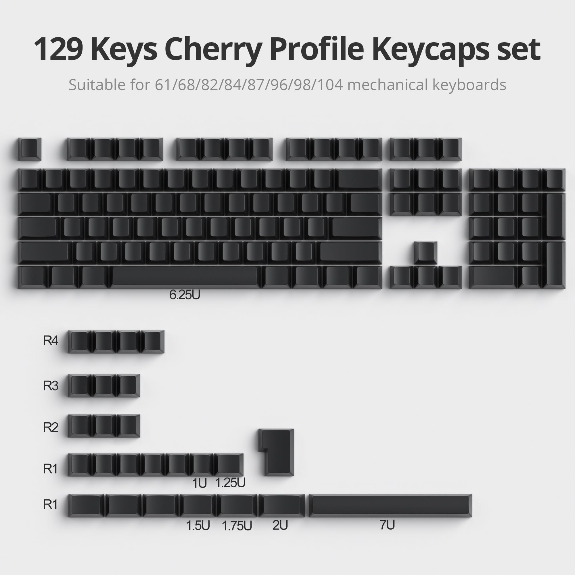 Fogruaden Blank Keycaps, Thick Pbt Keycaps, Cherry Profile, Minimalist Grey Black Keycaps, 129 Keycaps Set With 7U Spacebar, Cus