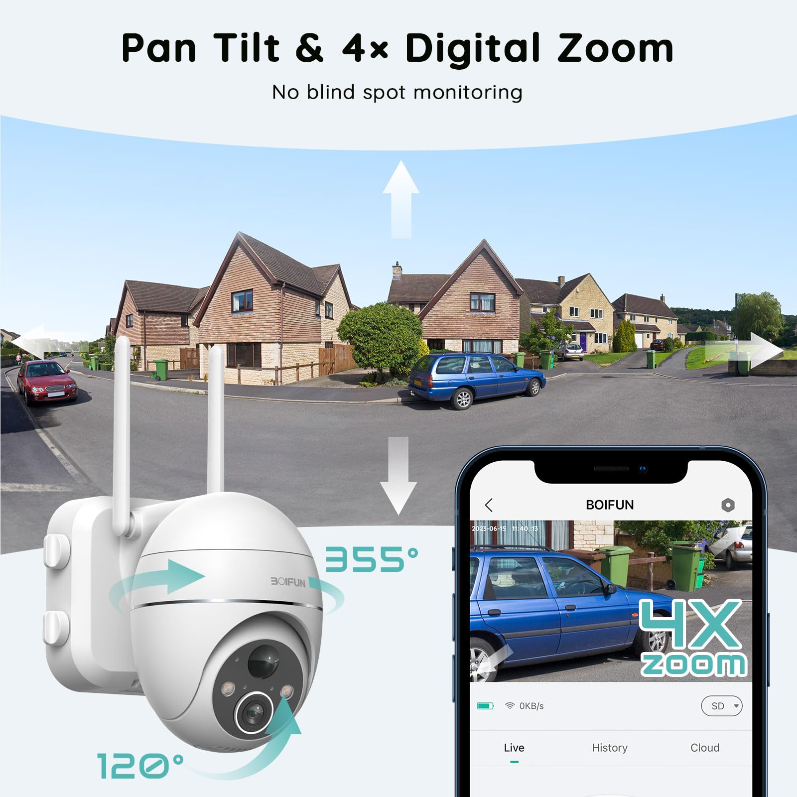 Solar Security Camera Outdoor, 2K Wireless Wifi 360 Ptz Camera, Solar Powered Security Cameras With Spotlight & Siren, Color Nig