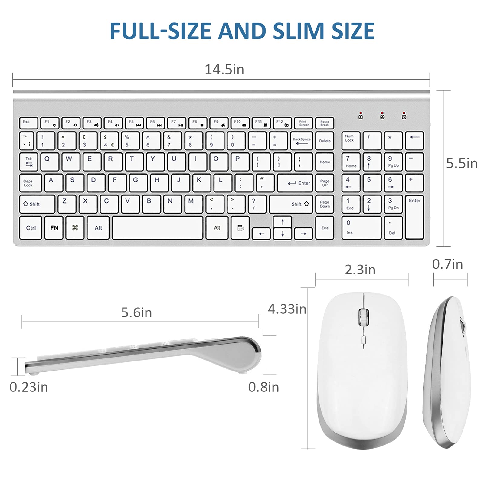 Wireless Keyboard Mouse Combo, 2.4G Usb Slim Keyboard And Mouse Silent Full Size Ergonomic Compact With Number Pad For Laptop Pc Computer   Silver