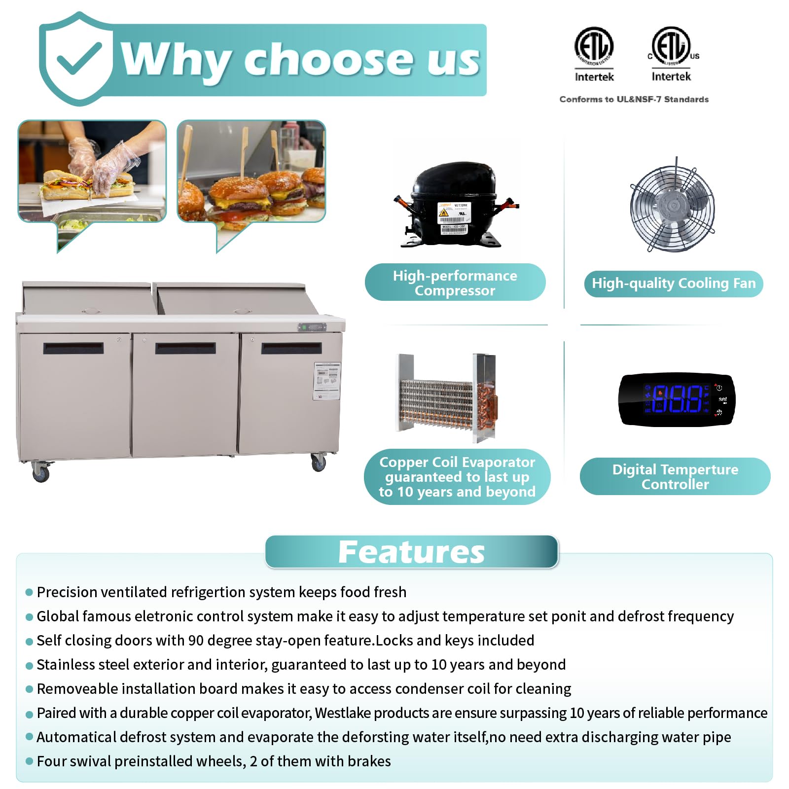 Westlake 72'' W 3 Door Refrigerator Sandwich&Salad Prep Table Commercial Stainless Steel Counter Fan Cooling Refrigerator With 1