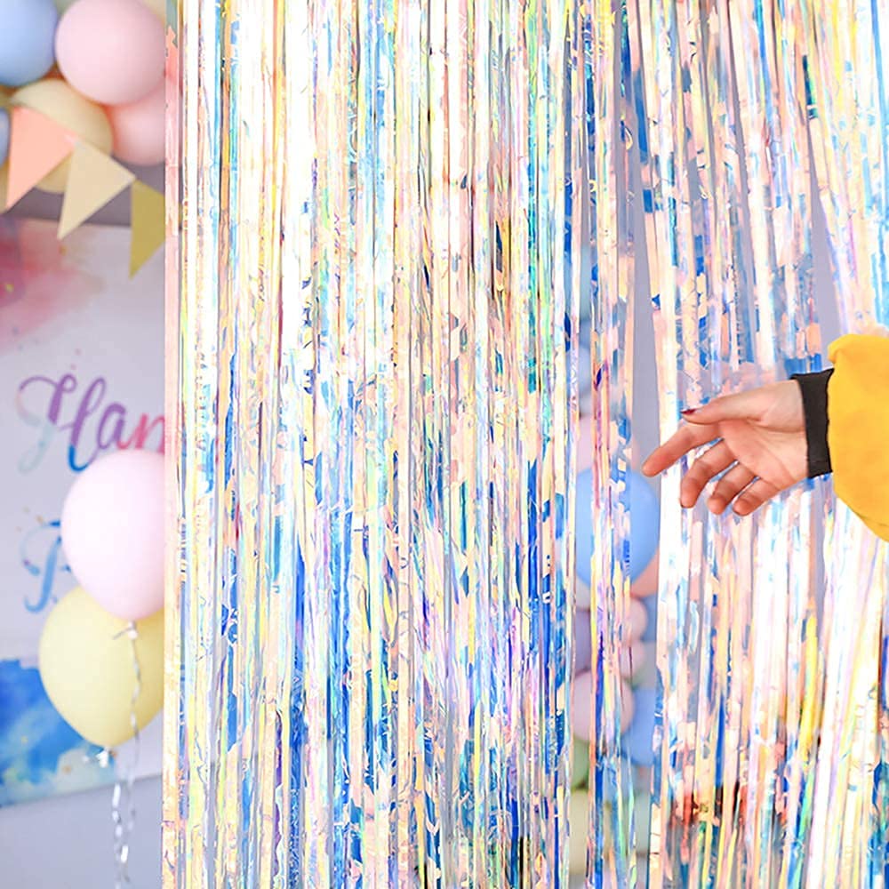 Gorgeous Holographic Party Backdrop Curtains   6.5X8.2 Feet, Pack Of 2 | Iridescent Colorful Fringe Curtain With Non Marking Tap