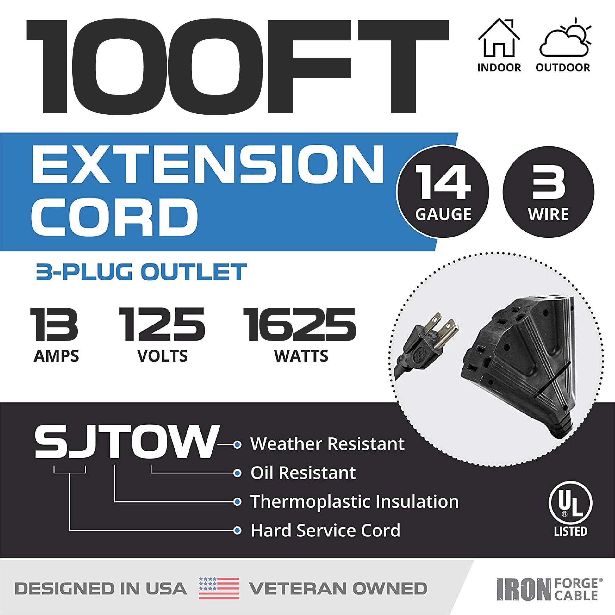 Iron Forge Cable Oil Resistant 3 Outlet Heavy Duty Extension Cord 100 Ft, Sjtow 14 Gauge Black Extension Cord With Multiple Outl