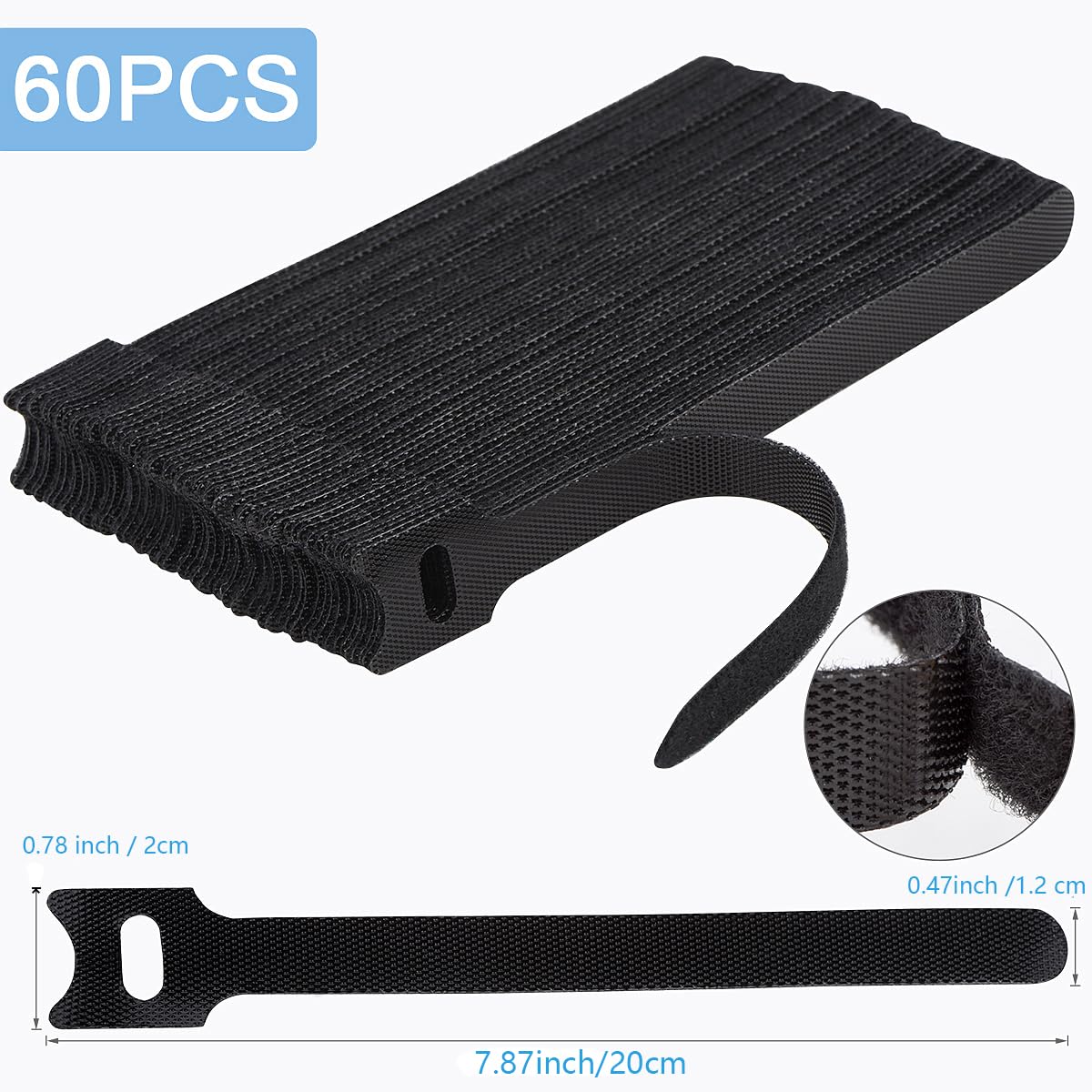 Nettbe 60 Pcs 8 Inches Reusable Cable Ties, Adjustable Cord Straps, Cable Organizer, Cord Wrap And Hook Loop Cords Management
