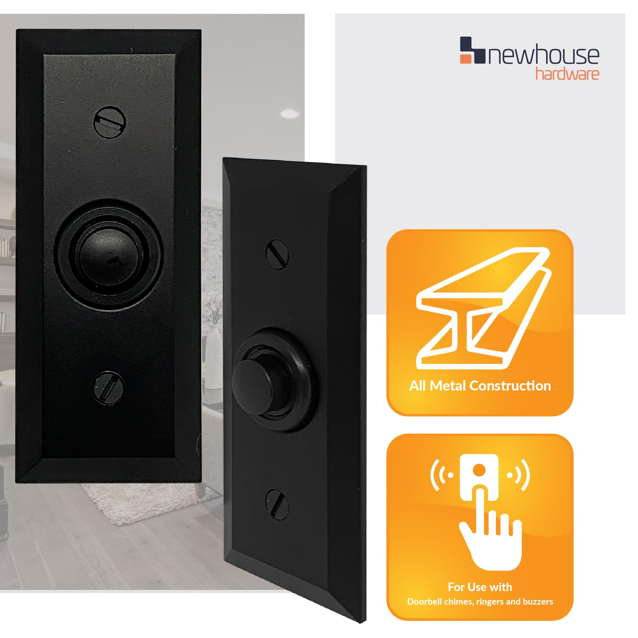 Newhouse Hardware Rectangular Recessed Wired Metal Doorbell Button In Black Bt6Bv, Rectangular Push Button For Doorbell Chime, B