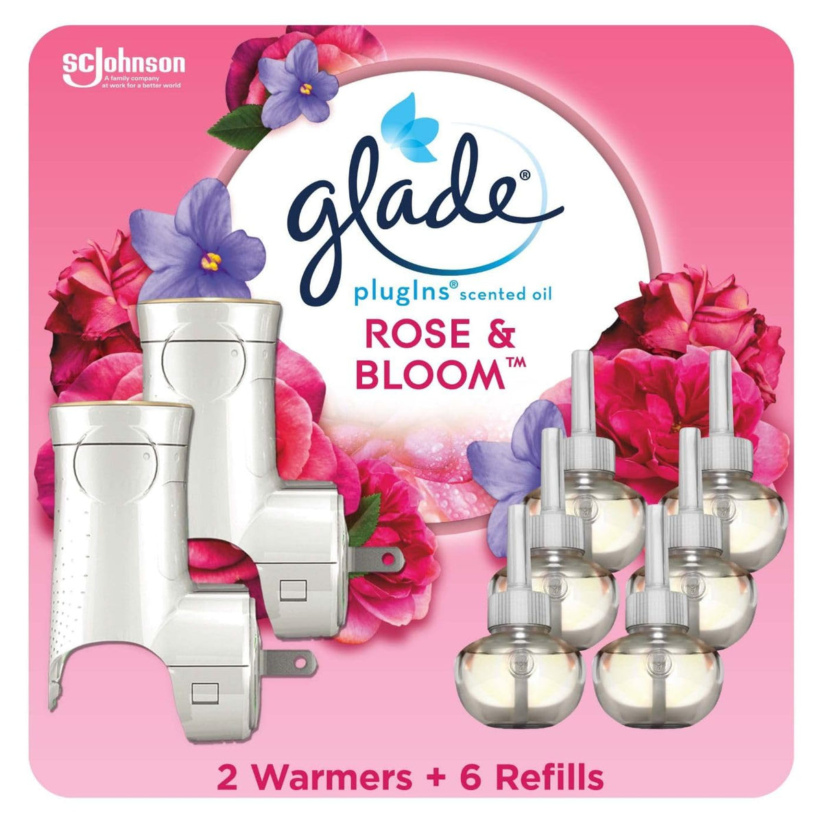 Glade Plugins Refills Air Freshener Starter Kit, Scented And Essential Oils For Home And Bathroom, Rose & Bloom, 4.02 Fl Oz, 2 W